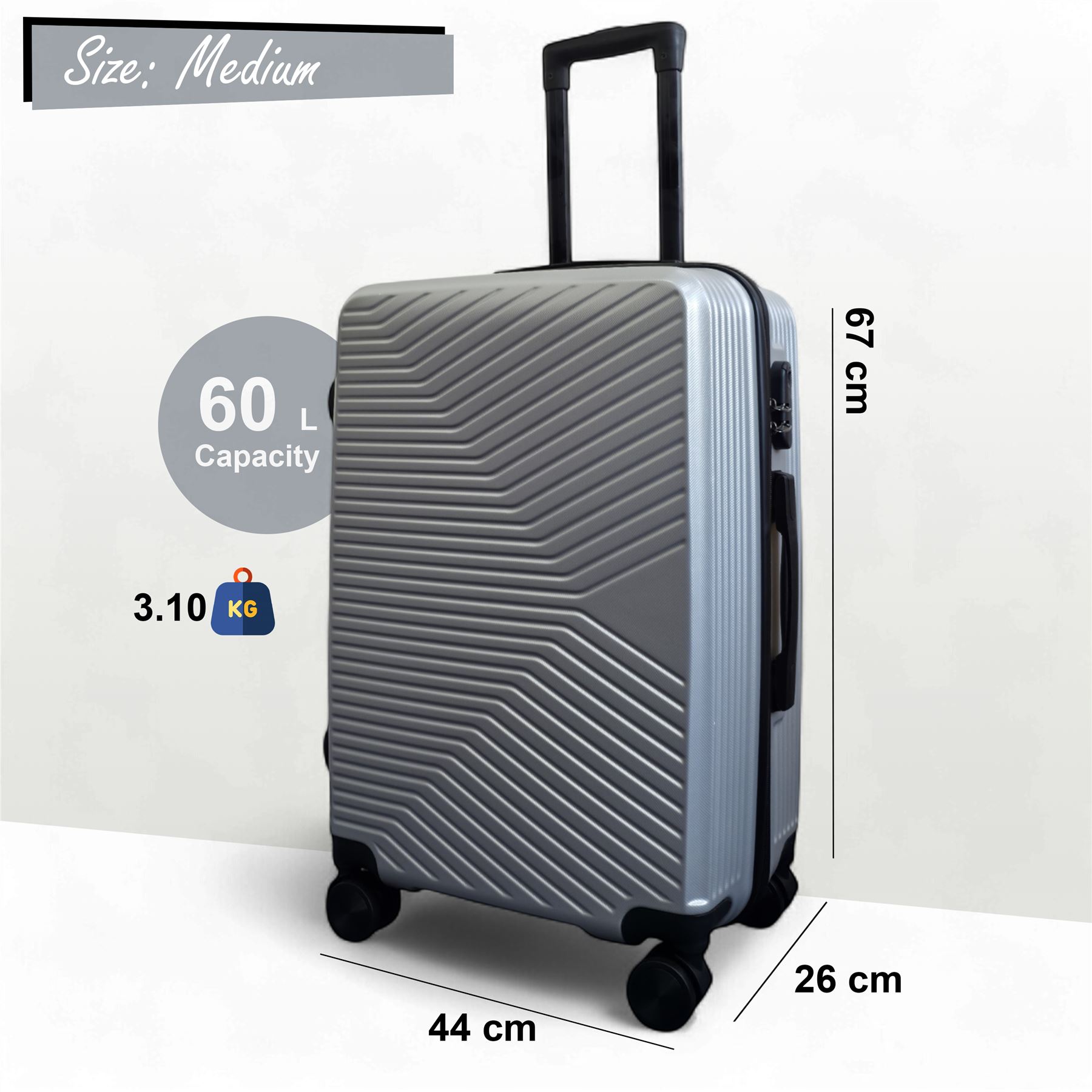 Strong Silver Hardshell Set Dual 4 Wheel ABS Trolley Cabin Suitcase - Picture 19 of 31
