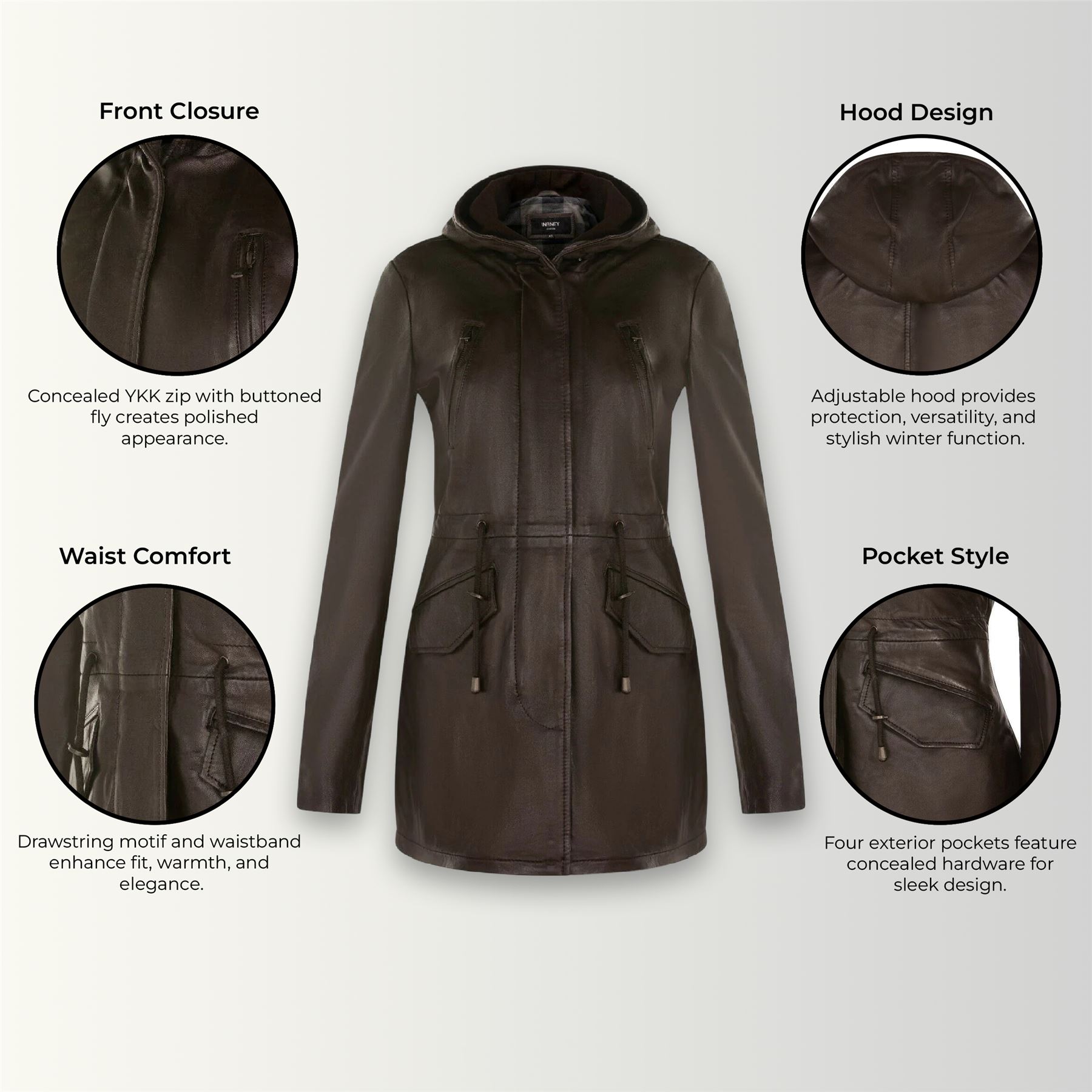 Women's Leather Hooded Parker Jacket Multi-Pocket Trench Coat - Picture 15 of 26