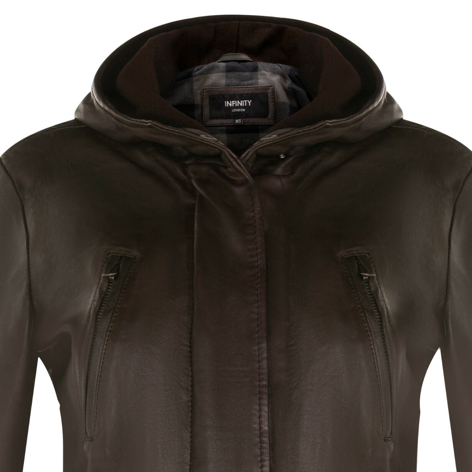 Women's Leather Hooded Parker Jacket Multi-Pocket Trench Coat - Picture 19 of 26