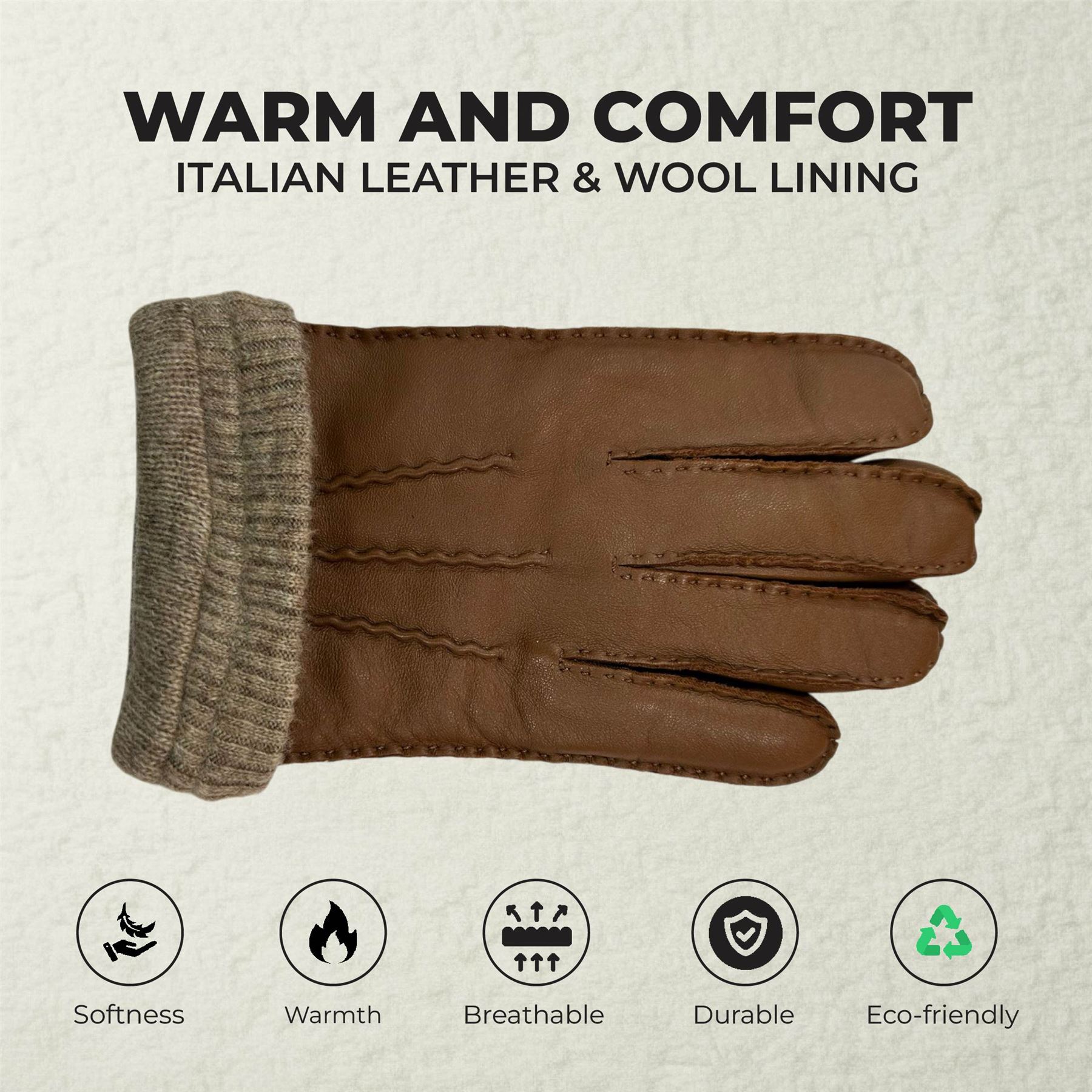 Herren Italienisch Leder Wollfutter Strick Rippbündchen Reiten Fahren Freizeit Handschuhe - Bild 24 von 31