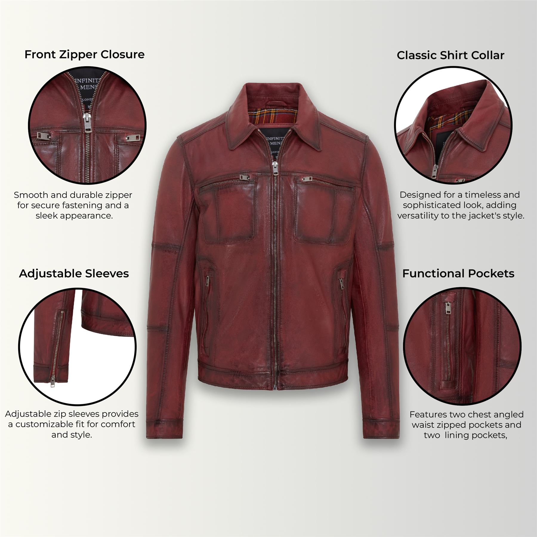 Men's Classic Leather Biker Jacket Vintage Short Leather Motorcycle Jacket - Picture 3 of 19
