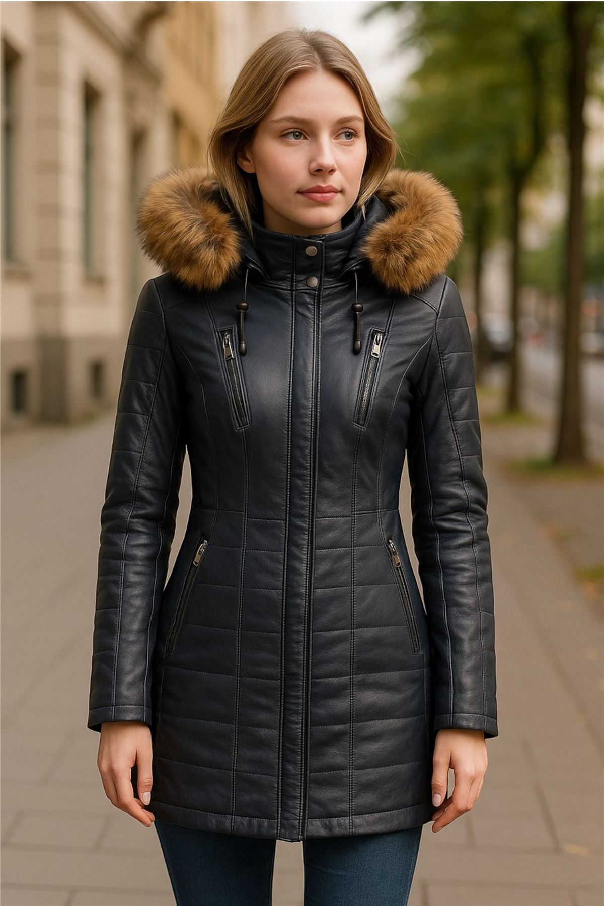 Womens Quilted Leather Parka Jacket-Winton - Picture 14 of 31