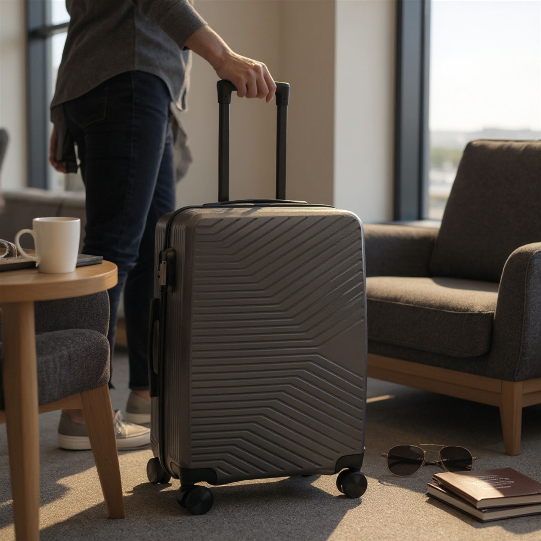 Strong Secure Grey Hardshell Grey Set Dual 4 Wheel ABS Trolley Cabin Suitcase - Picture 10 of 31