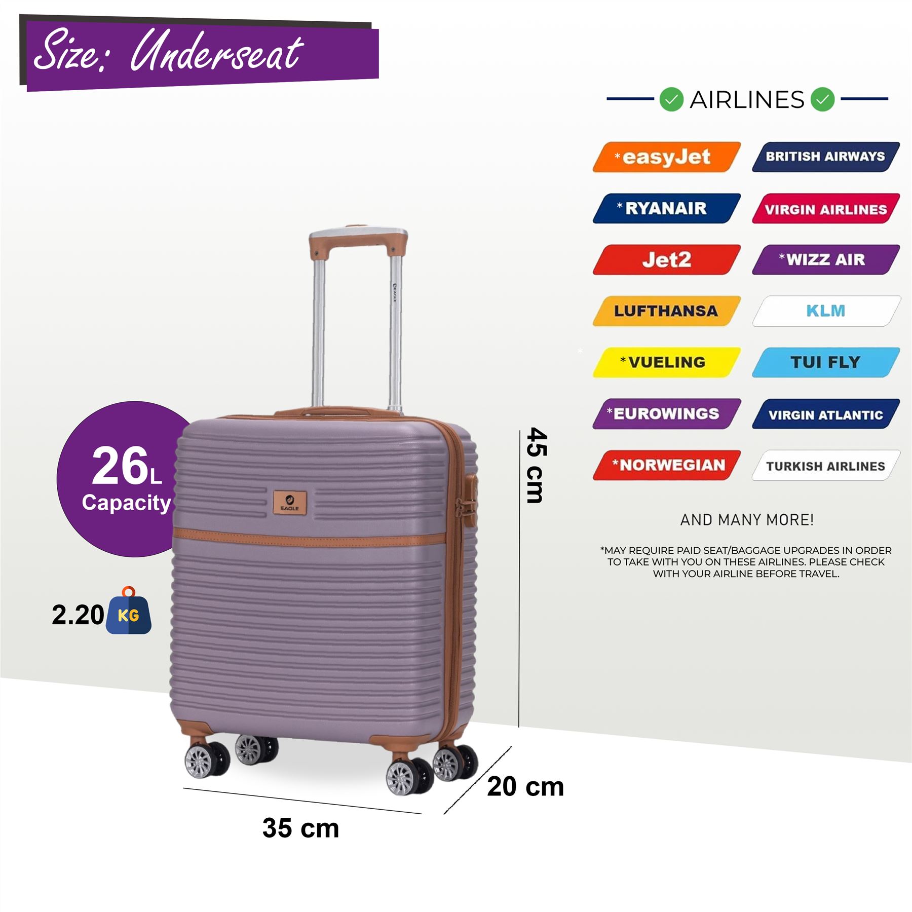 ABS Hardshell Underseat Cabin Suitcase 45 x 35 x 20 cm Suitable for Easyjet - Picture 43 of 51