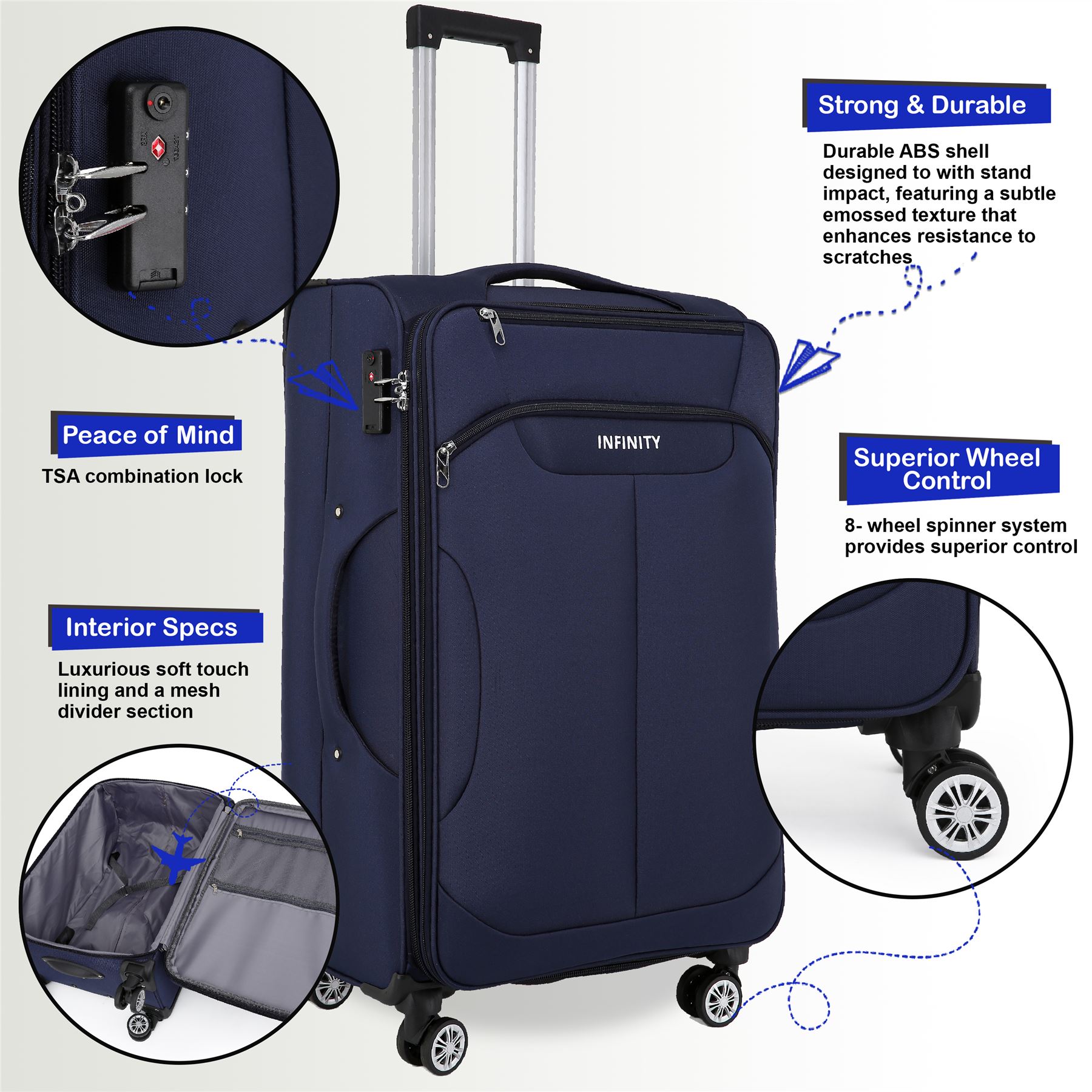 Navy Blue Soft Suitcase 8 Wheel Luggage Set ,TSA Cabin Bag - Picture 4 of 12