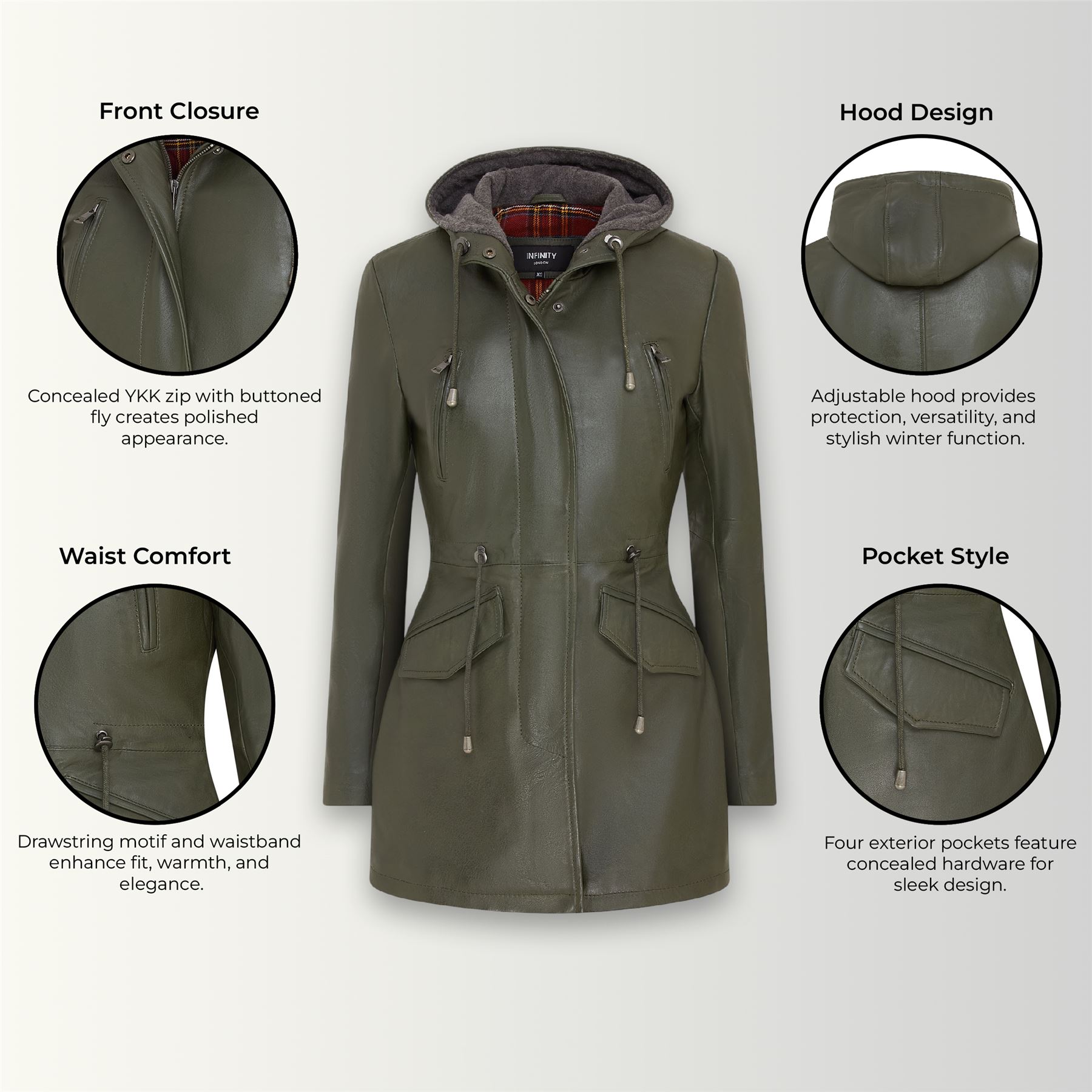 Women's Leather Hooded Parker Jacket Multi-Pocket Trench Coat - Picture 21 of 26