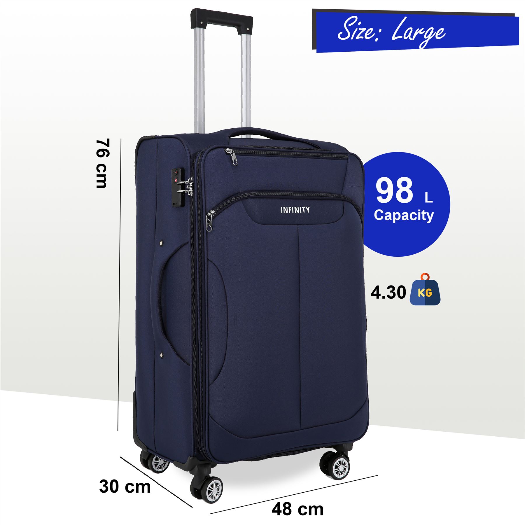 Navy Blue Soft Suitcase 8 Wheel Luggage Set ,TSA Cabin Bag - Picture 8 of 12