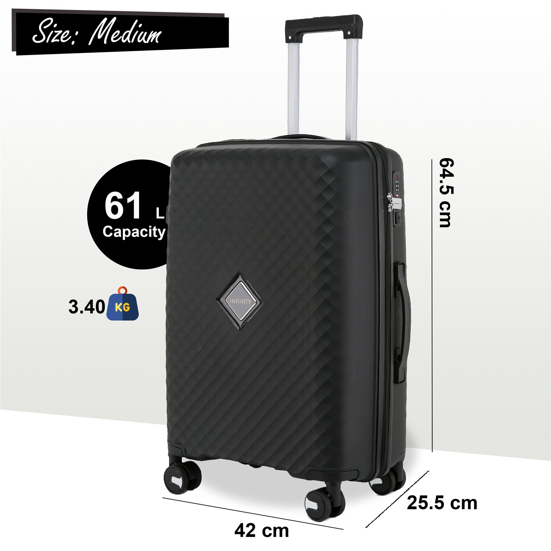 Hard Shell Black Cabin Suitcase Set 8 Wheel Luggage Case Strong Travel TSA Bag - Picture 19 of 32