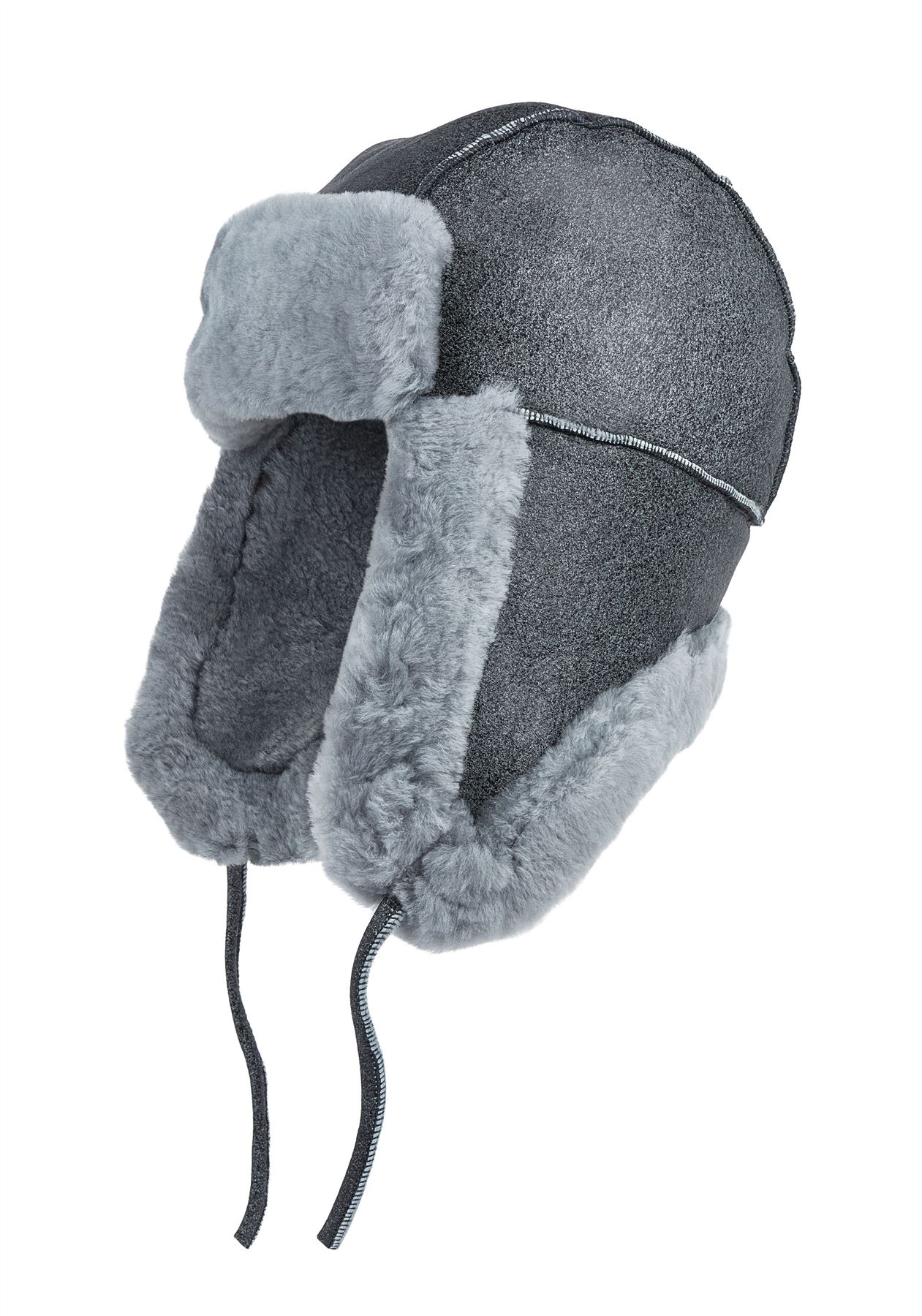 Mens Grey RAF Aviator Suede Sheepskin Hat Winter Warm Leather Navigator Hat - Picture 2 of 5