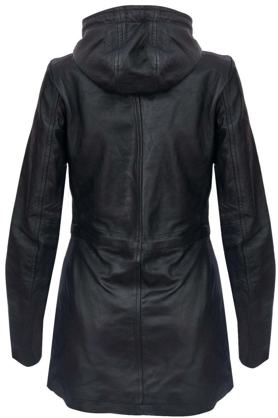 Women's Leather Hooded Parker Jacket Multi-Pocket Trench Coat - Picture 5 of 26