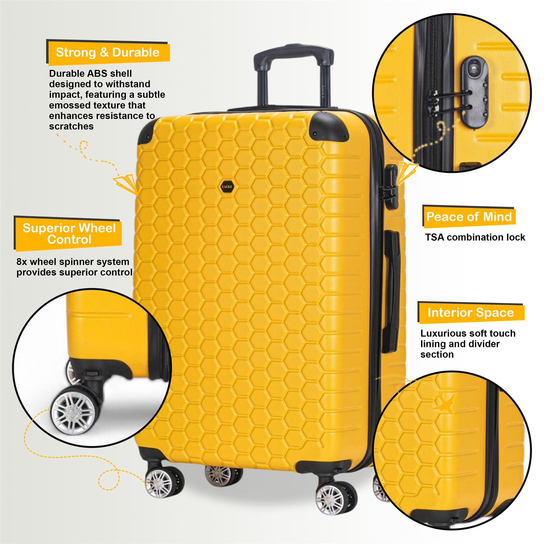 Hard Shell Yellow ABS 8 Wheel Luggage Travel Cabin Suitcase Set - Picture 28 of 41