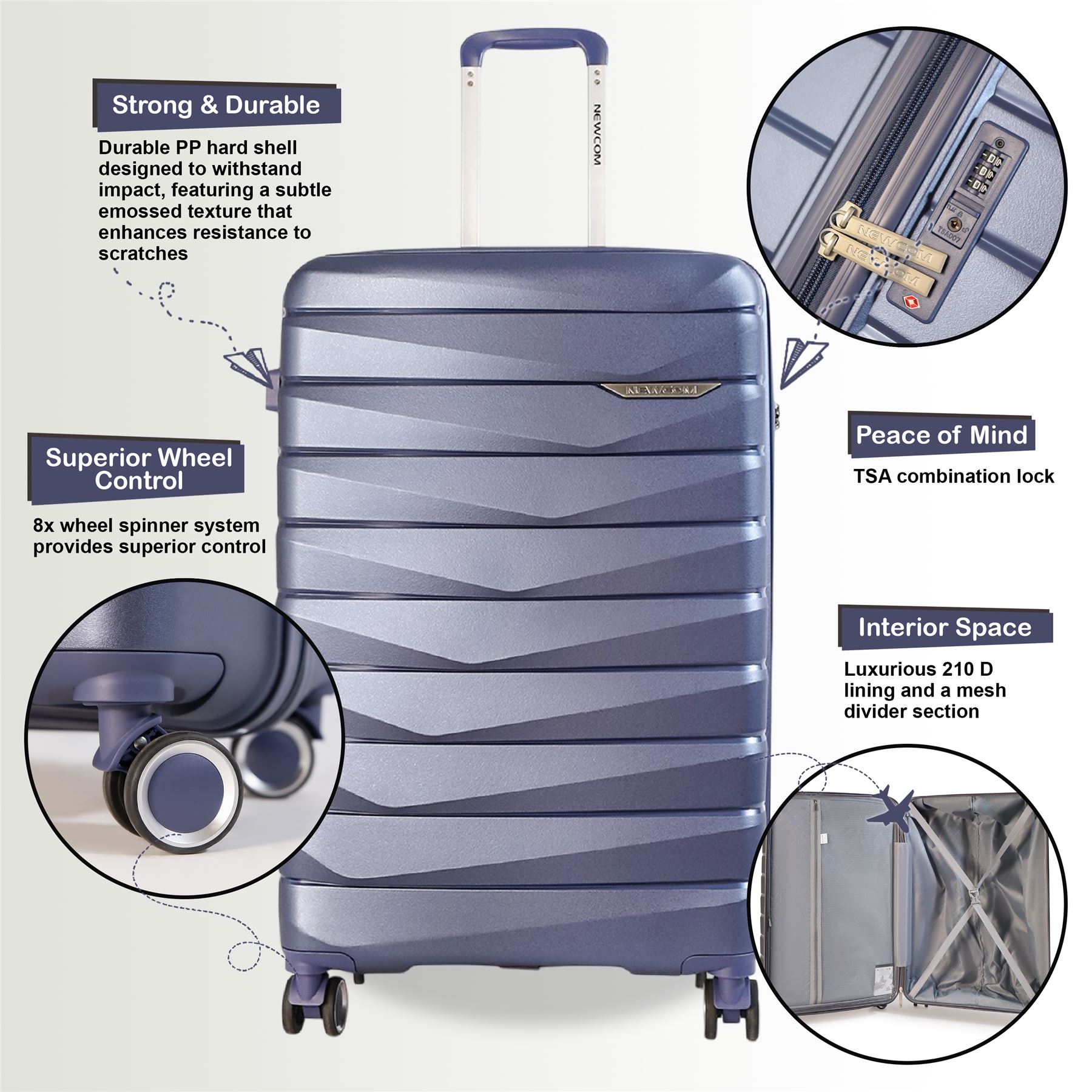 Hard Shell TSA Blue Strong Suitcase Set 8 Wheel Cabin Luggage Case - Picture 4 of 36