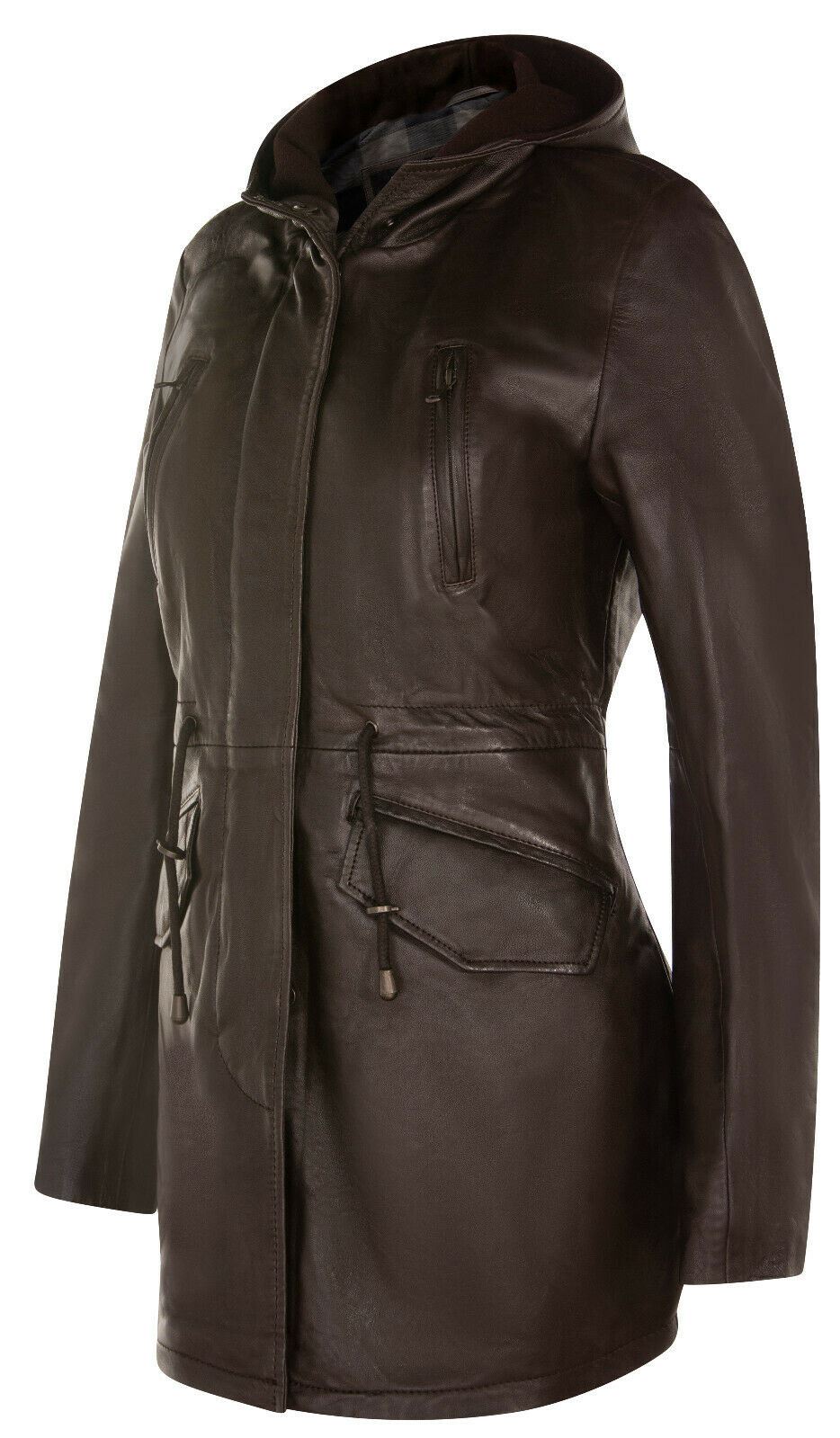 Women's Leather Hooded Parker Jacket Multi-Pocket Trench Coat - Picture 16 of 26