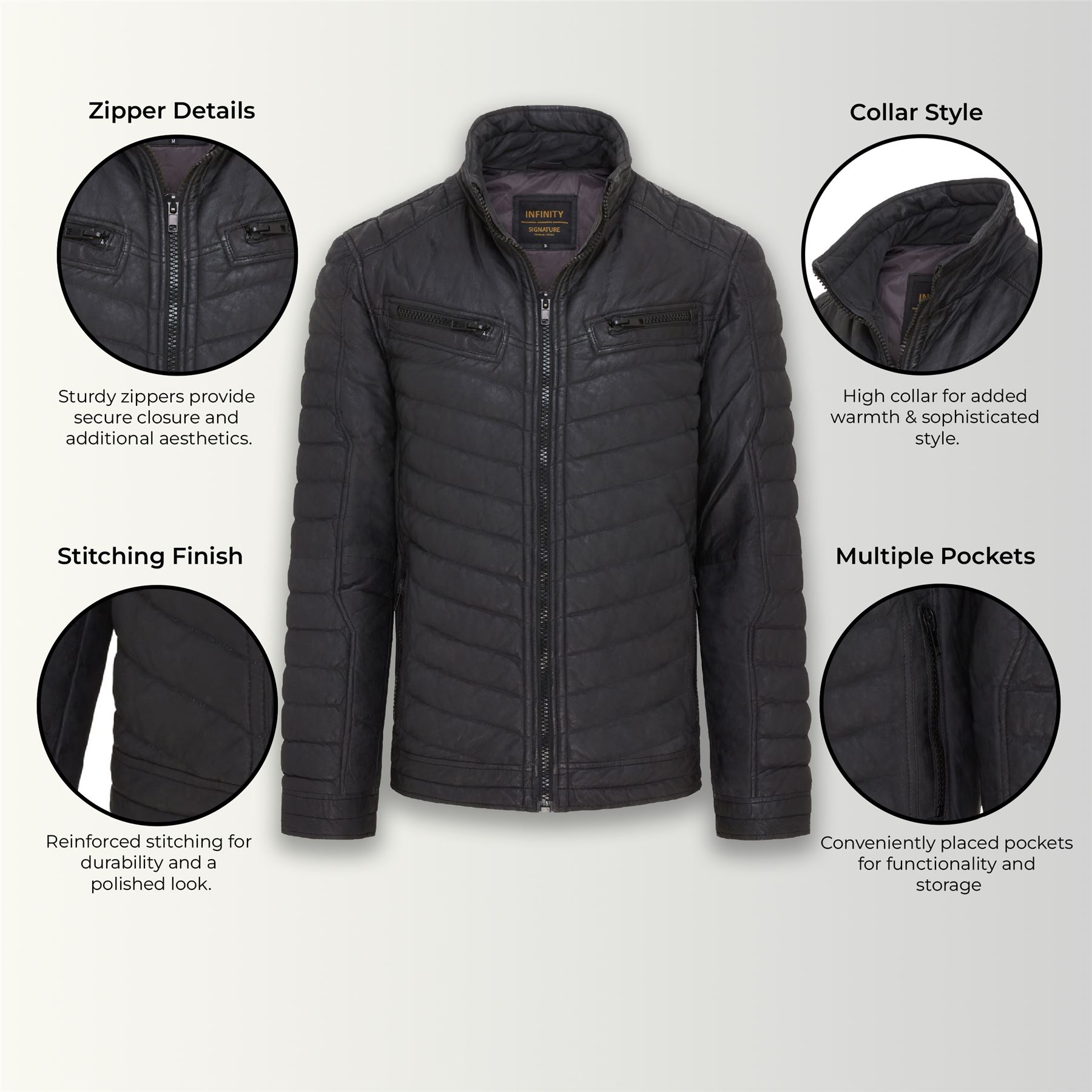 Men's Puffer Leather Biker Jacket Quilted Vintage Warm Bomber Jacket - Picture 21 of 25