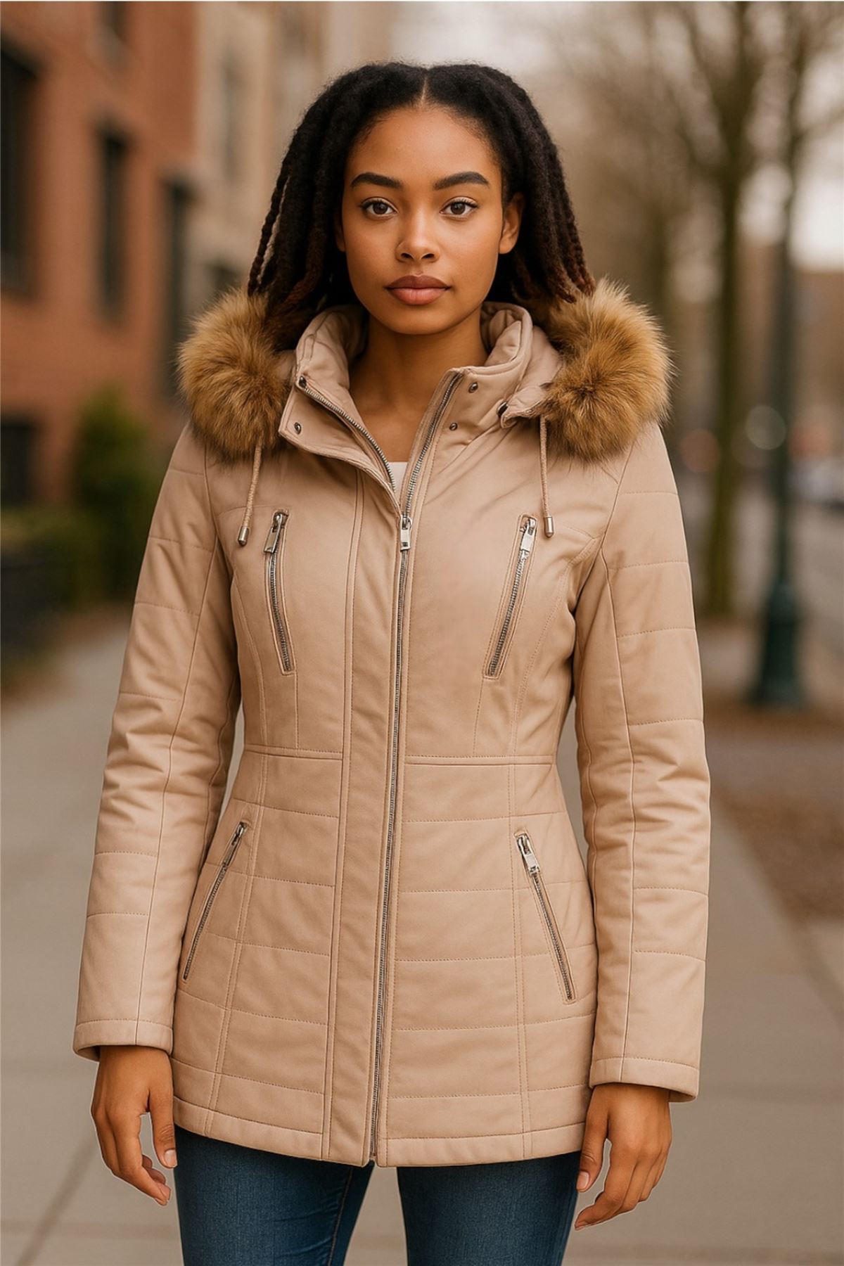 Womens Quilted Leather Parka Jacket-Winton - Picture 2 of 31