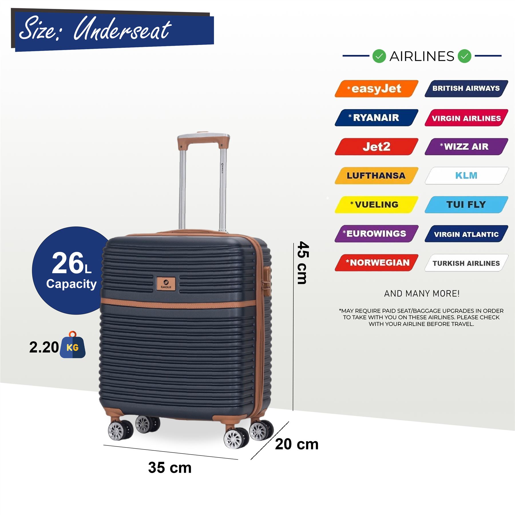 ABS Hardshell Underseat Cabin Suitcase 45 x 35 x 20 cm Suitable for Easyjet - Picture 3 of 51