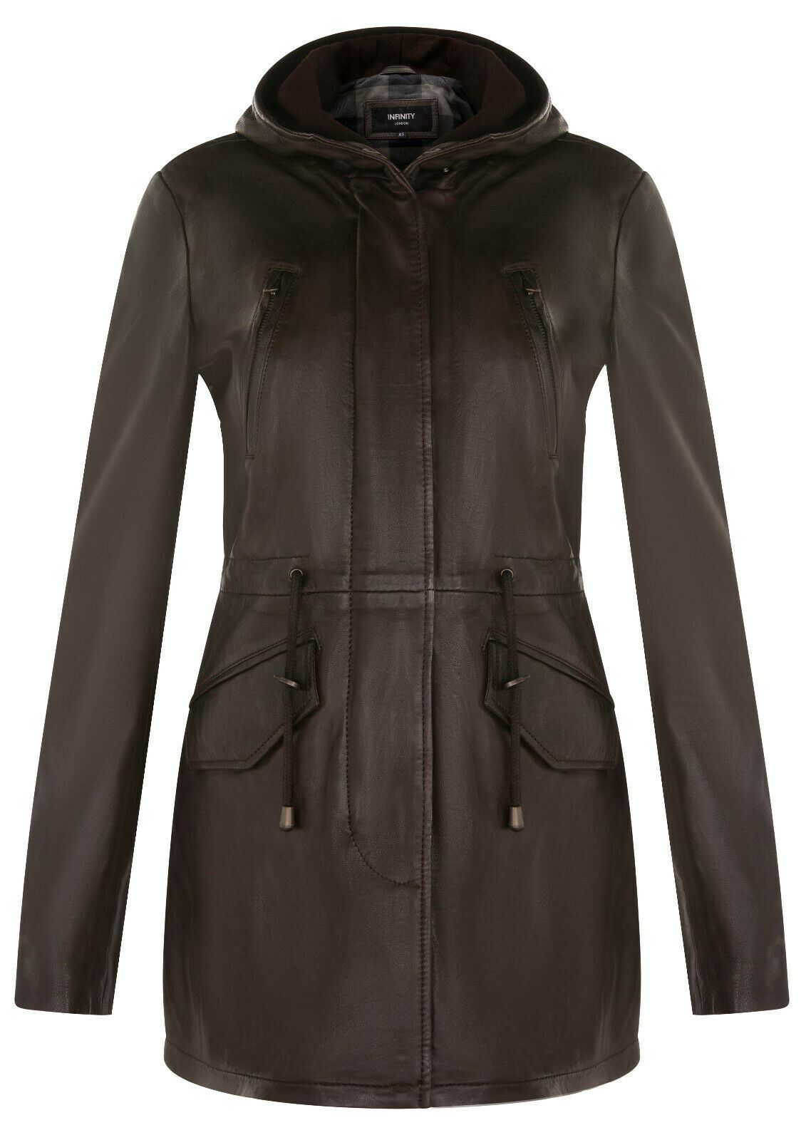 Women's Leather Hooded Parker Jacket Multi-Pocket Trench Coat - Picture 14 of 26