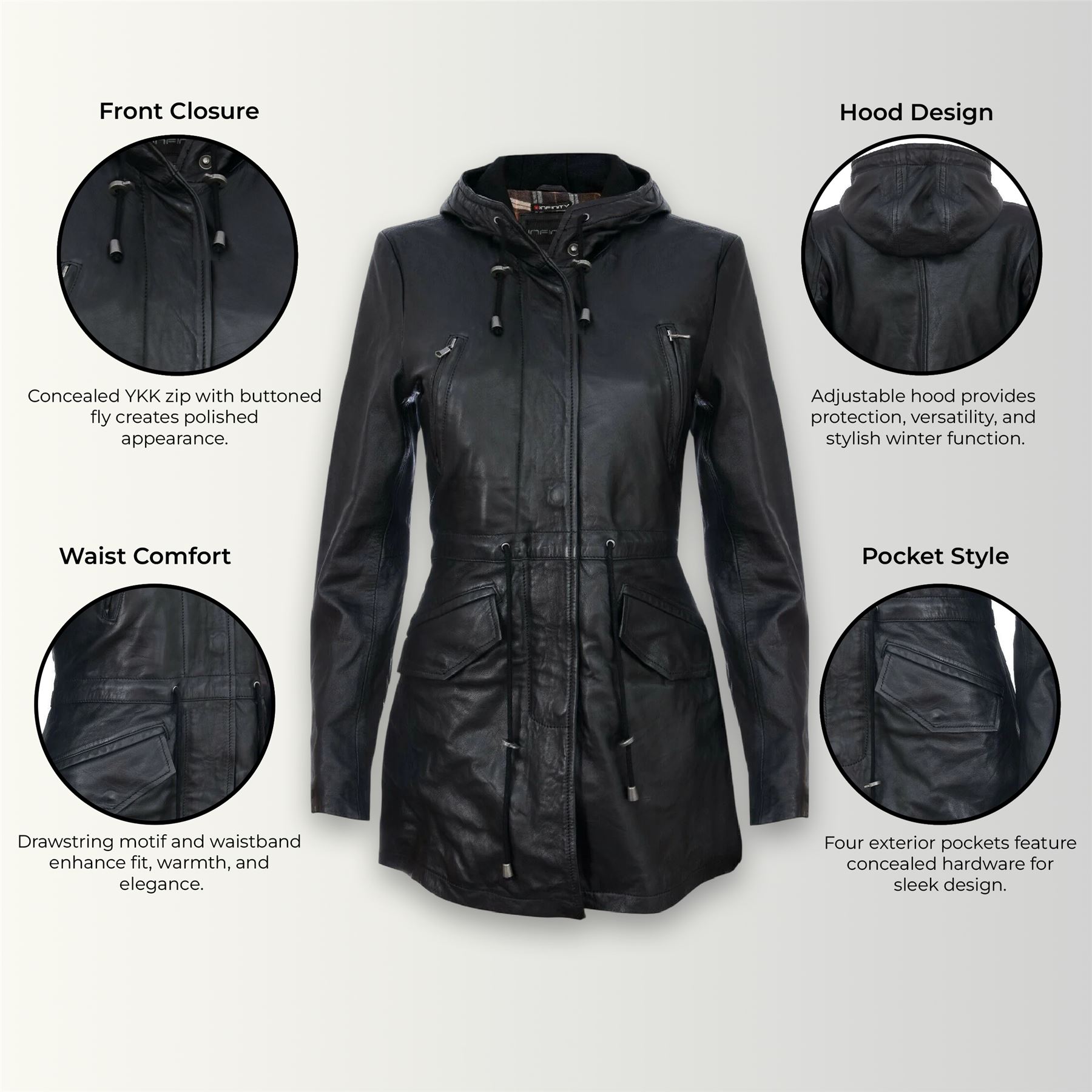 Women's Leather Hooded Parker Jacket Multi-Pocket Trench Coat - Picture 3 of 26