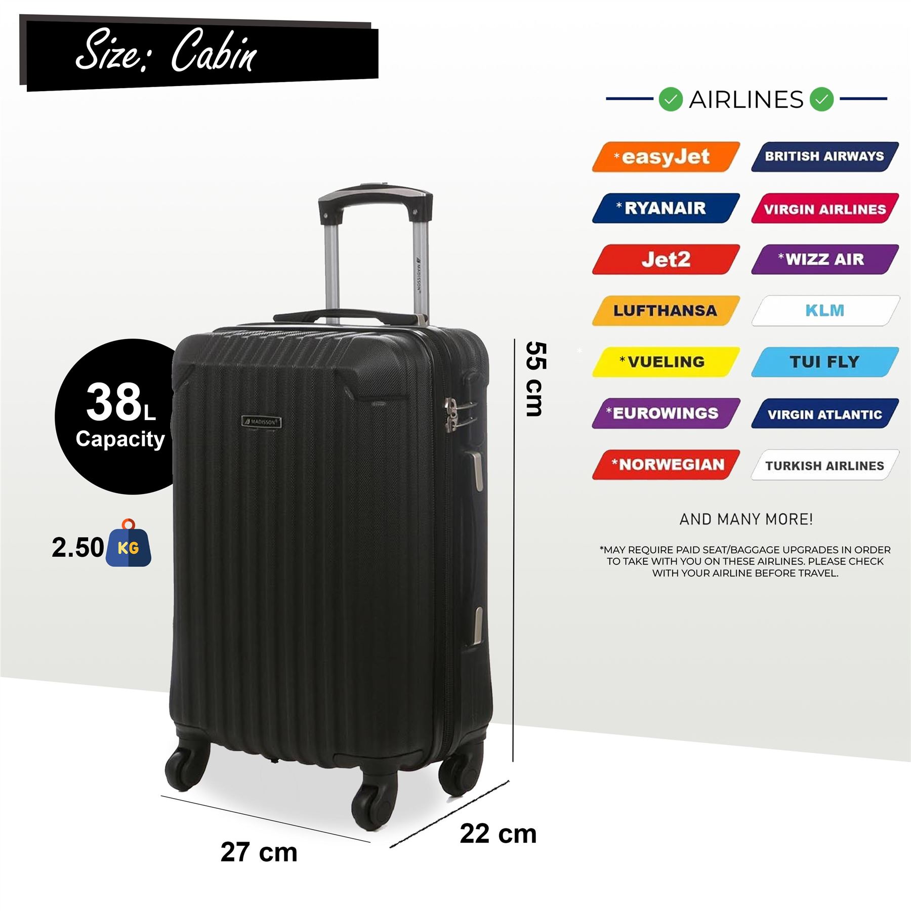 Maleta rígida cabina 55 x 27 x 22 cm ABS adecuada para Easyjet, Ryanair - Imagen 3 de 45