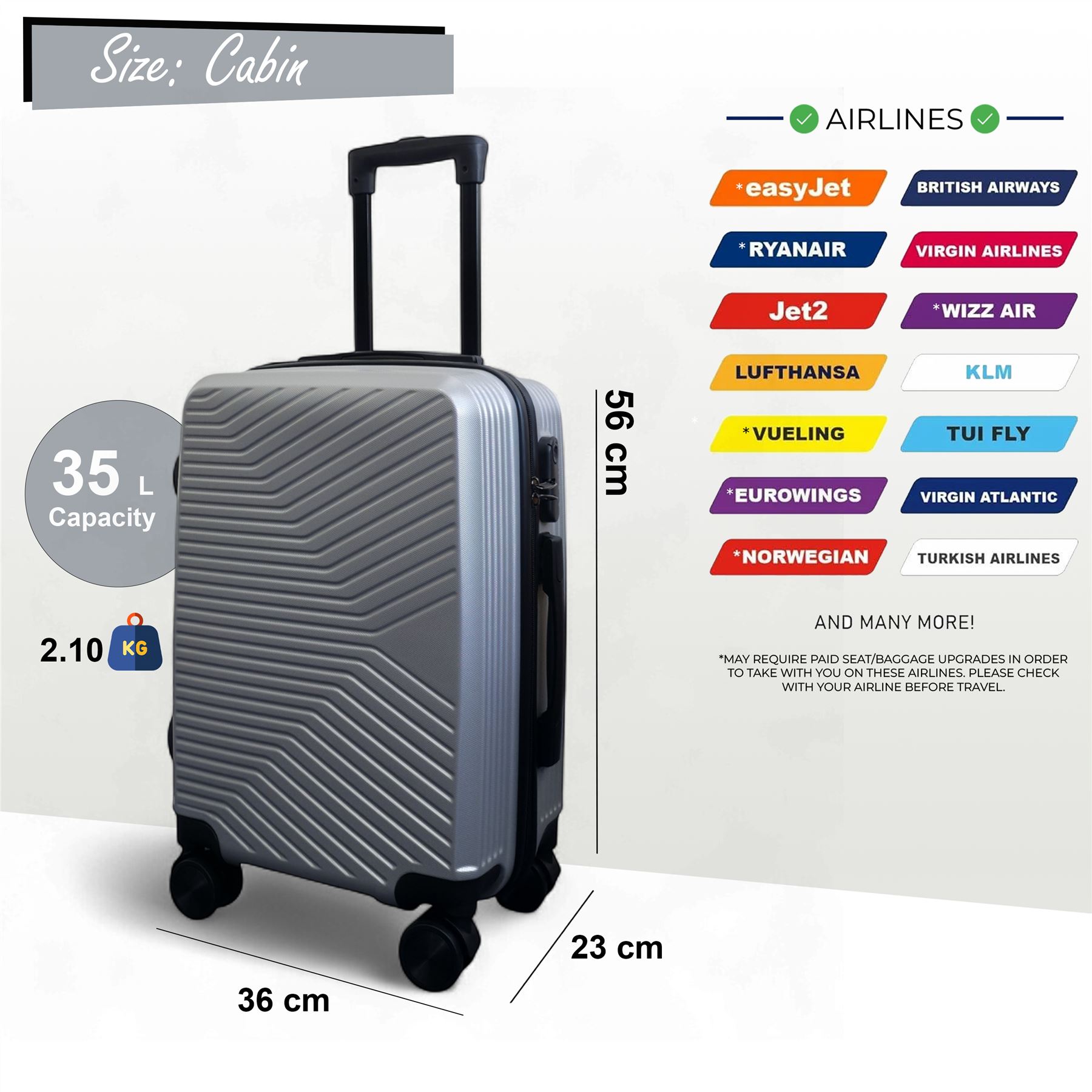 Strong Silver Hardshell Set Dual 4 Wheel ABS Trolley Cabin Suitcase - Picture 11 of 31