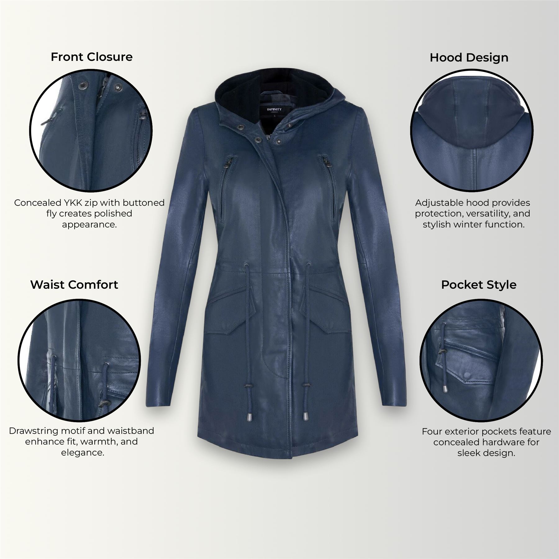 Women's Leather Hooded Parker Jacket Multi-Pocket Trench Coat - Picture 9 of 26