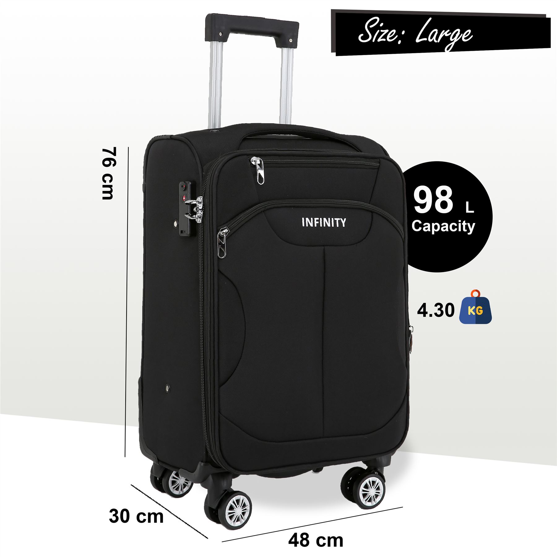 Black Soft Suitcase 8 Wheel Luggage Set TSA , Bag - Picture 3 of 32