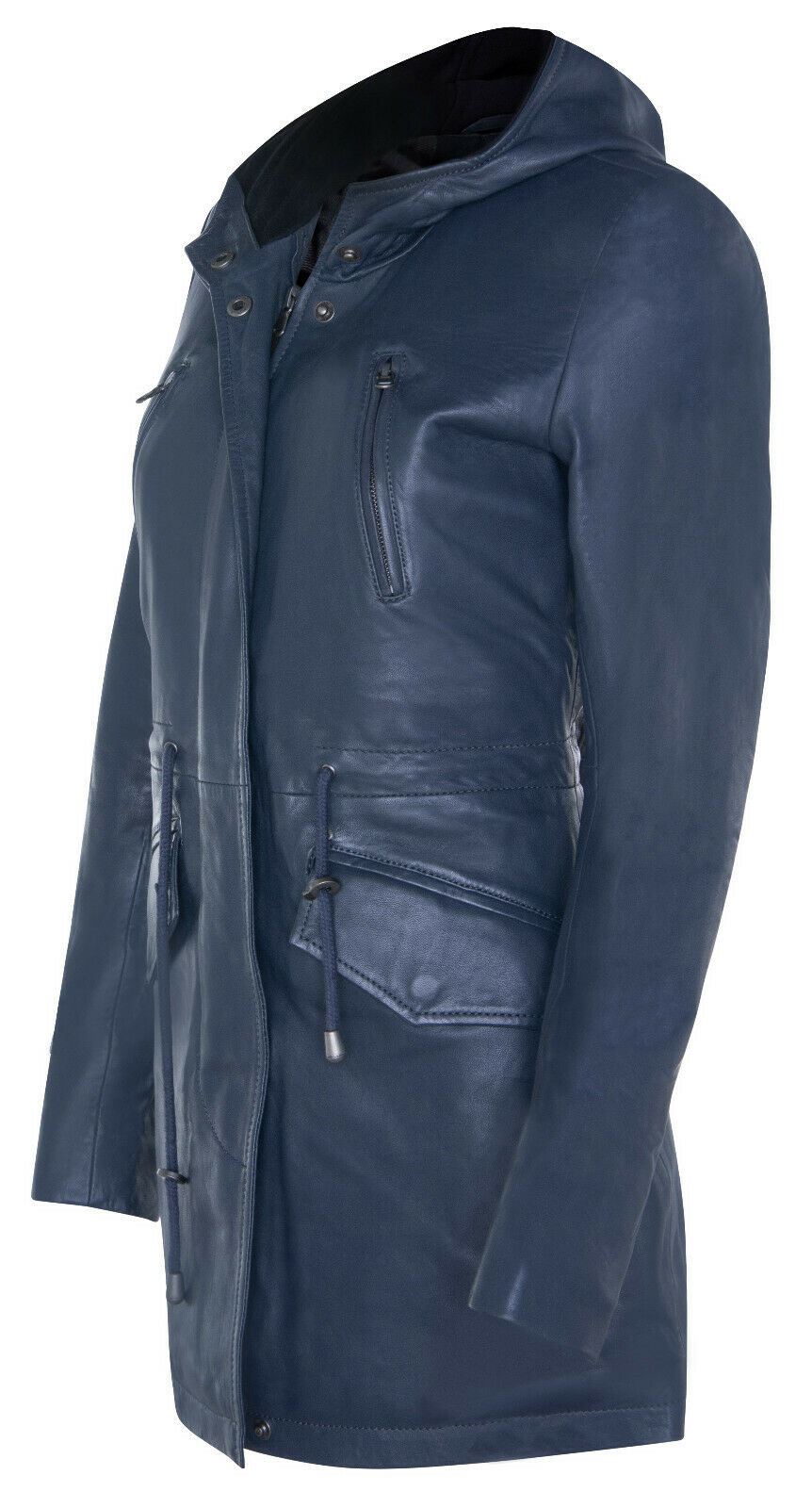 Women's Leather Hooded Parker Jacket Multi-Pocket Trench Coat - Picture 10 of 26