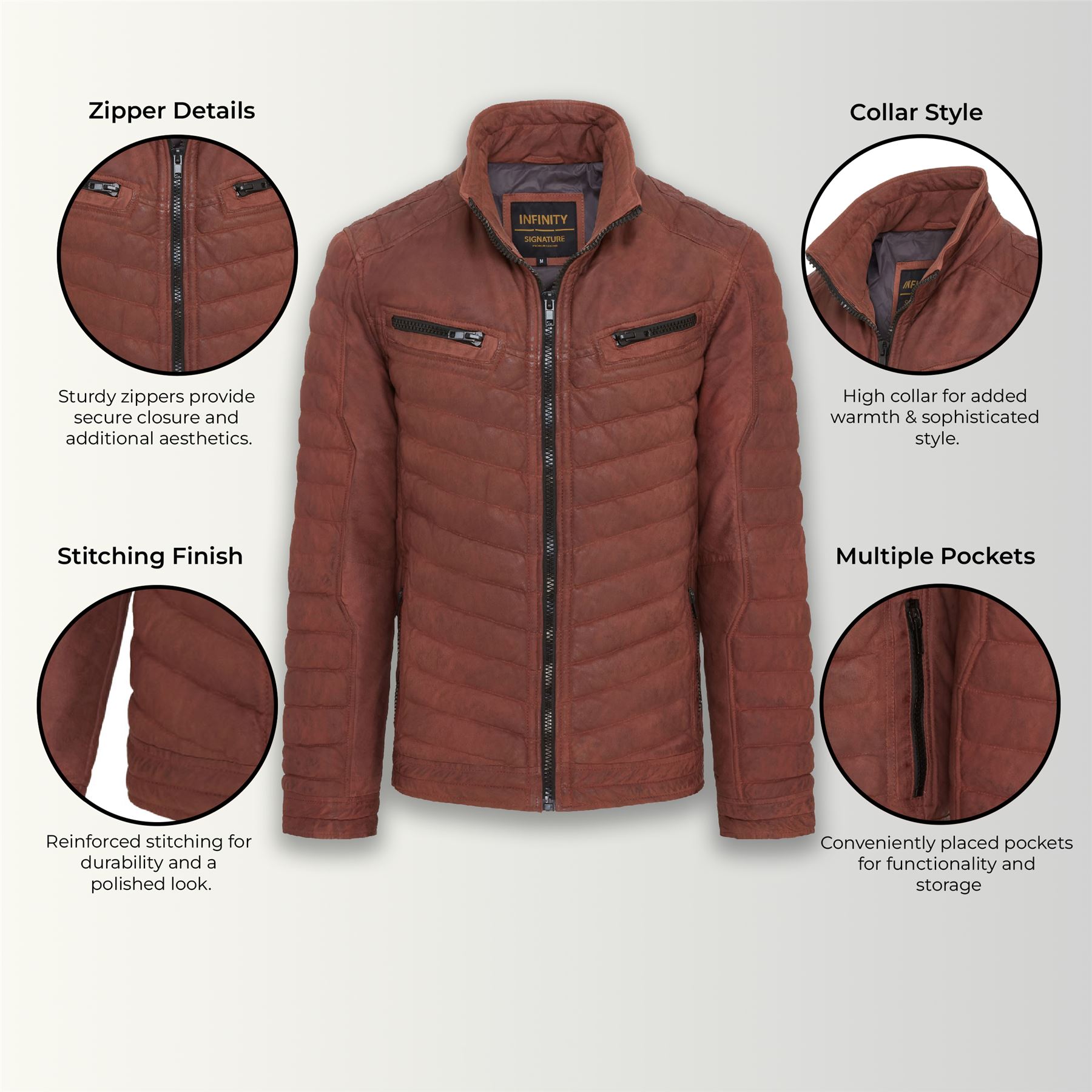 Men's Puffer Leather Biker Jacket Quilted Vintage Warm Bomber Jacket - Picture 3 of 25