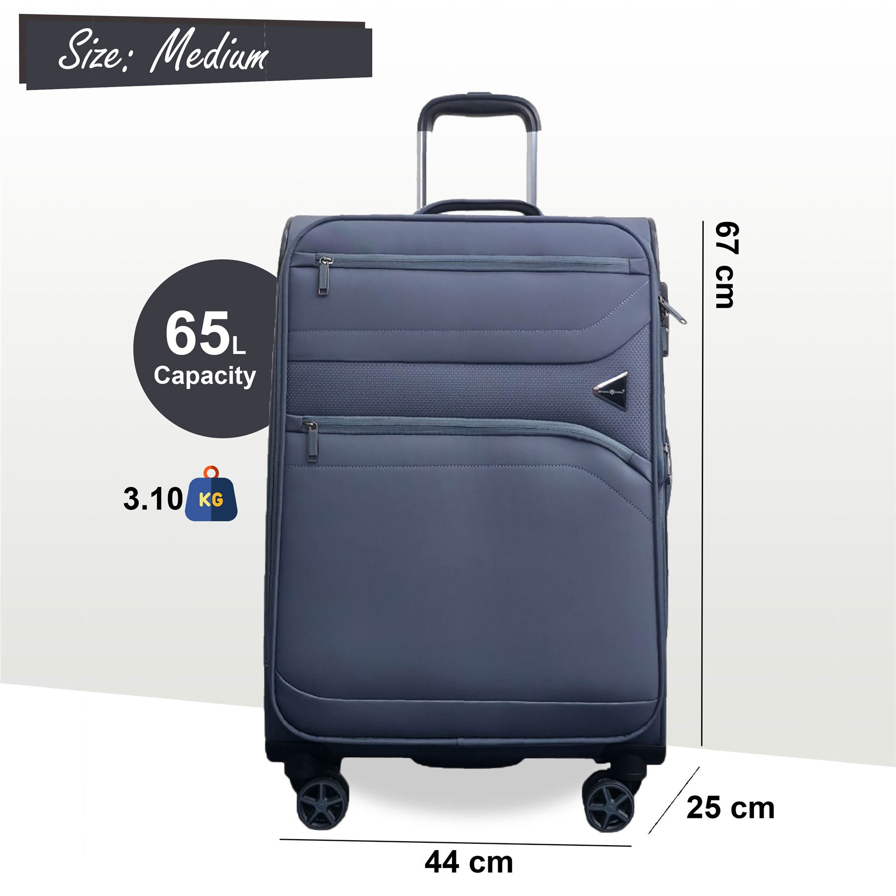 Lightweight Grey Soft Shell Suitcase 8 Wheel Set Travel Carry On Cabin Bag - Picture 19 of 29