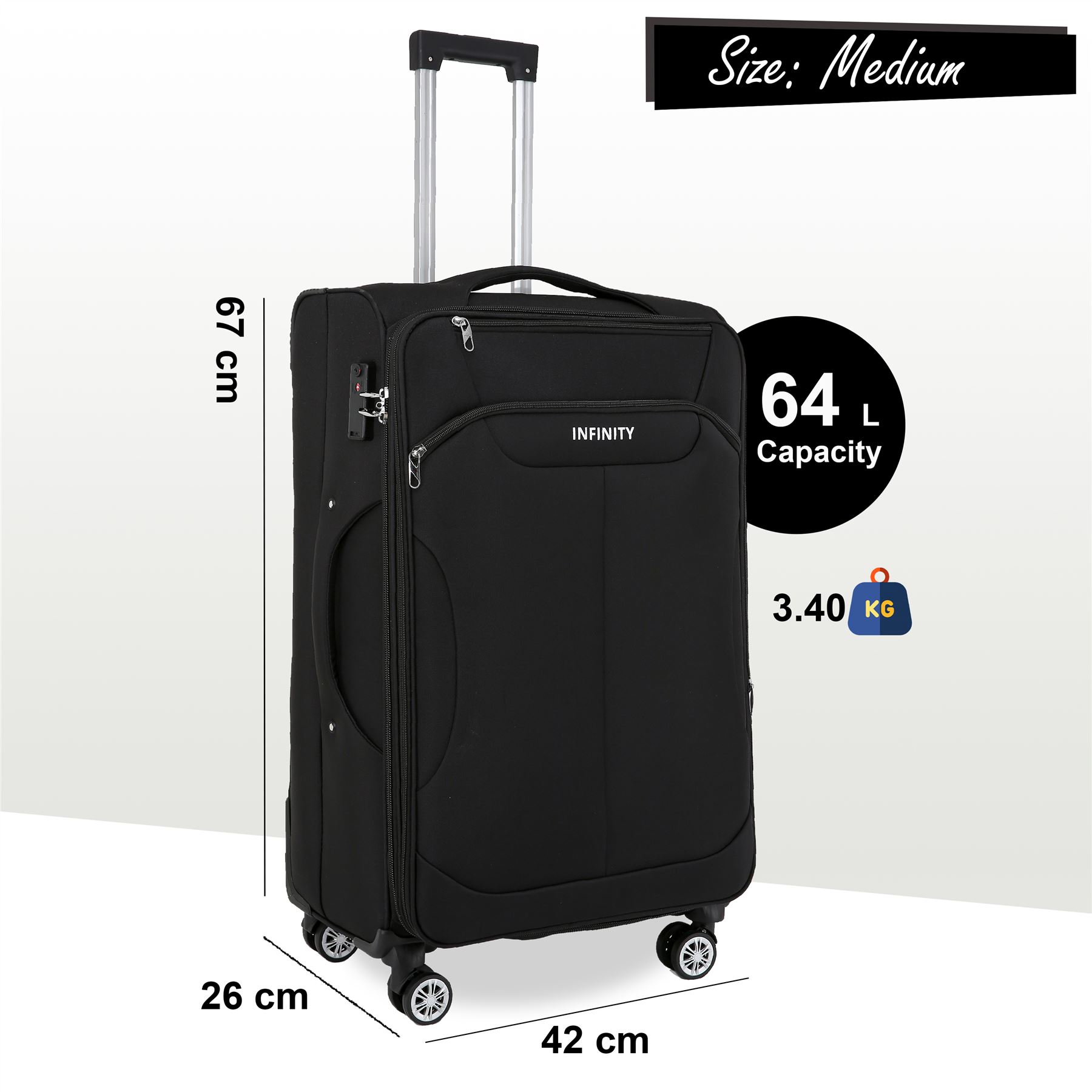 Black Soft Suitcase 8 Wheel Luggage Set TSA , Bag - Picture 19 of 32