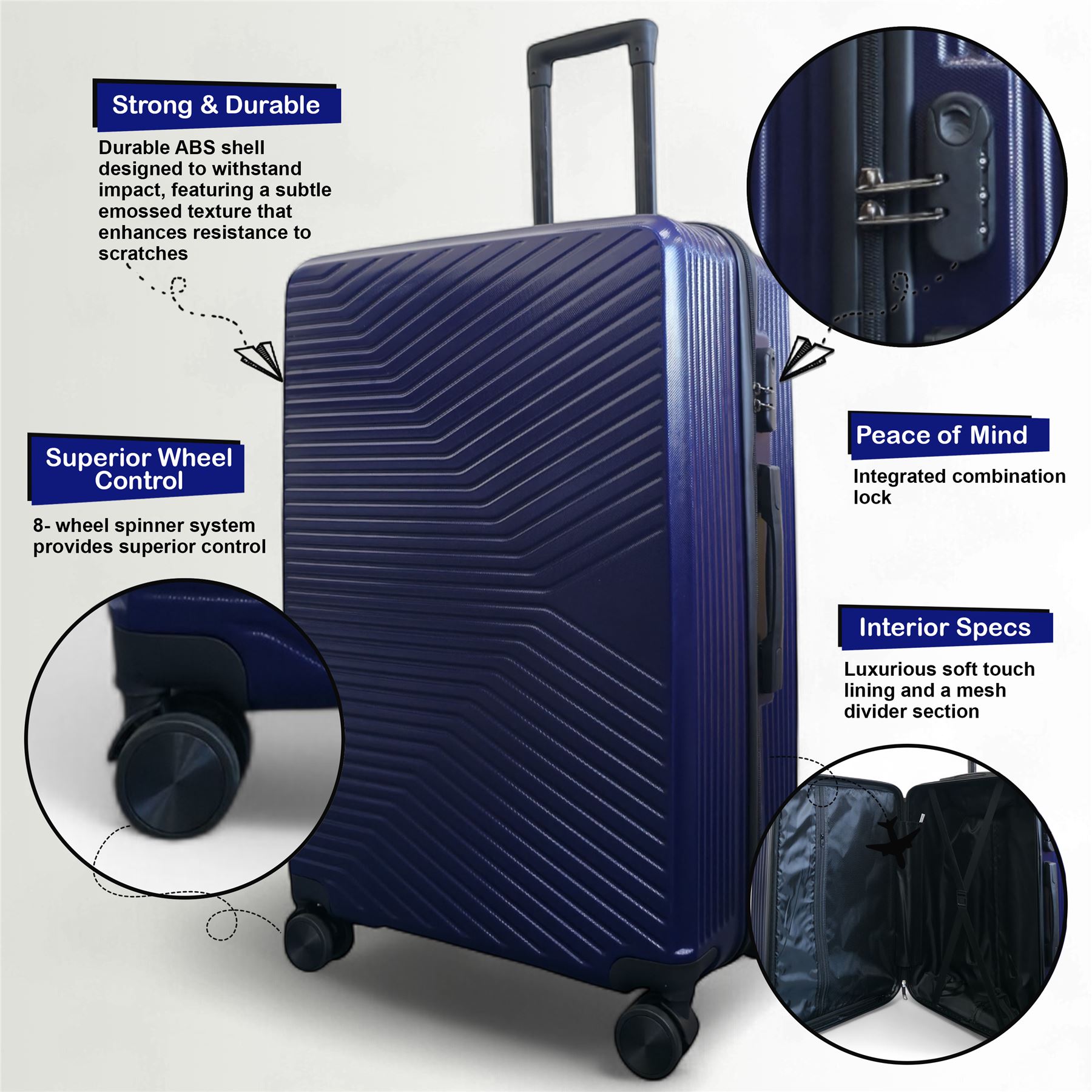 Strong Navy Hardshell Suitcase Set Dual 4 Wheel ABS Luggage Trolley Suitcase - Picture 28 of 31