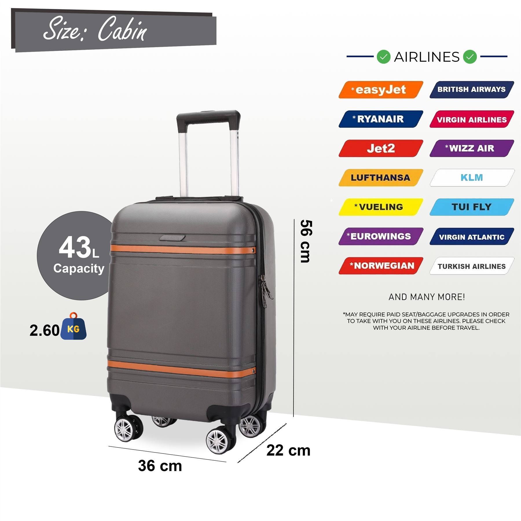 Cabina rígida 36 x 22 x 56 cm ABS adecuado para Easyjet, Ryanair, Wizzair - Imagen 10 de 22