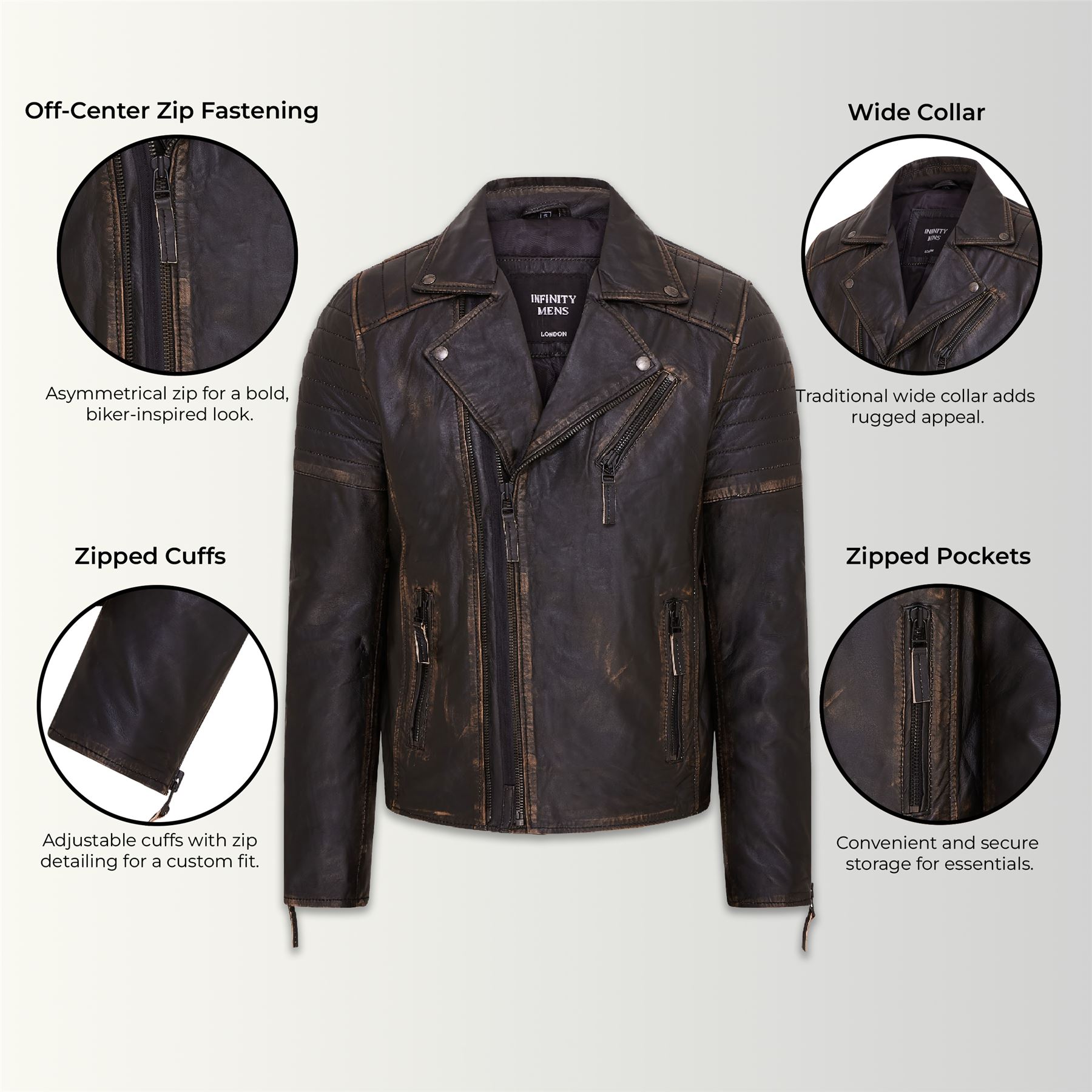 Chaqueta de Motociclista Para Hombre Calce Ajustado Estilo Brando Doble Cremallera Cruzada 100% Cuero - Imagen 15 de 30