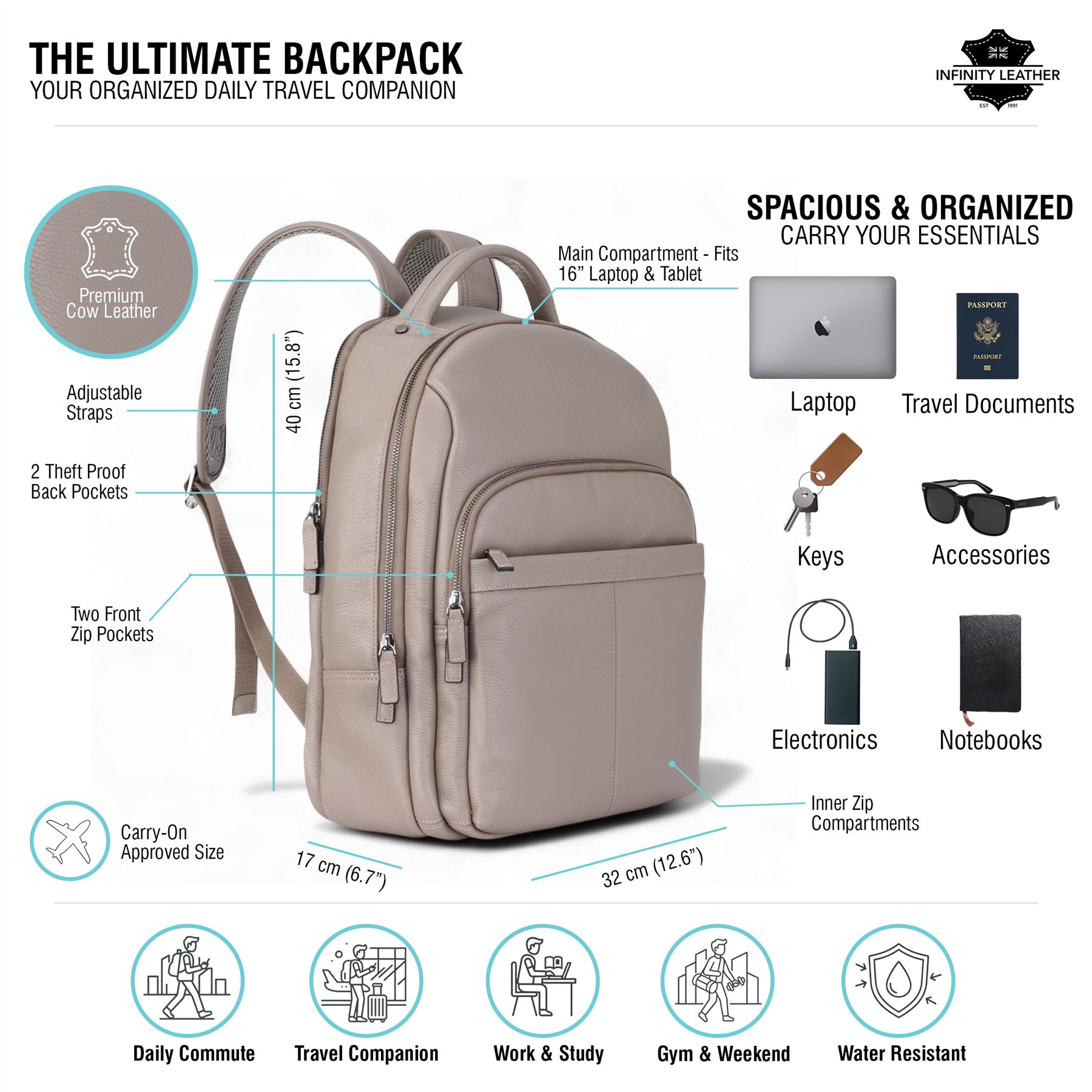 Mochila de Cuero Mochila Genuina Vintage Laptop Viaje Bolso de Hombro Unisex - Imagen 11 de 24