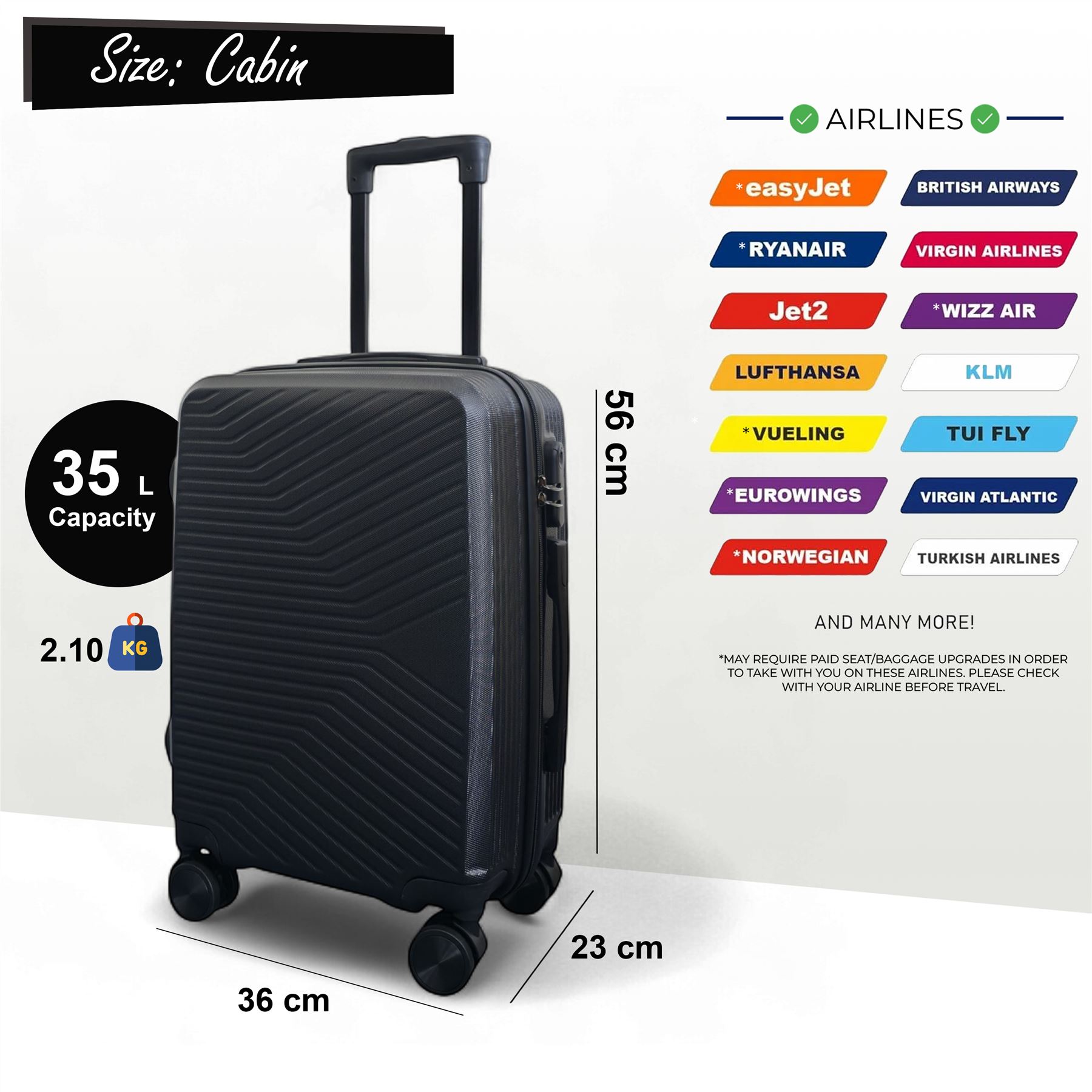Hard Shell Cabin 48 x 37 x 20 cm Secure Luggage Suitable for Easyjet, Ryanair - Picture 3 of 49