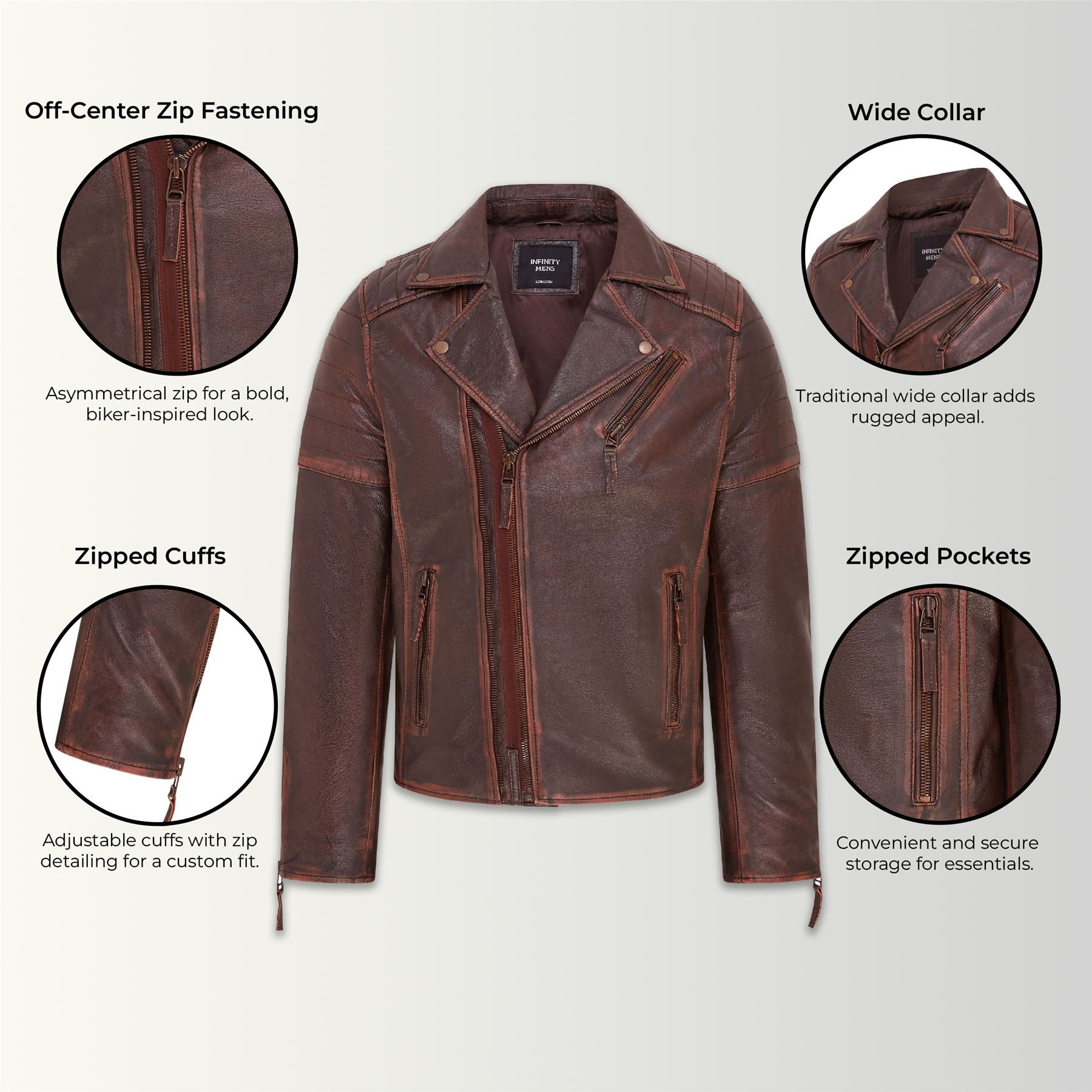 Chaqueta de Motociclista Para Hombre Calce Ajustado Estilo Brando Doble Cremallera Cruzada 100% Cuero - Imagen 3 de 30