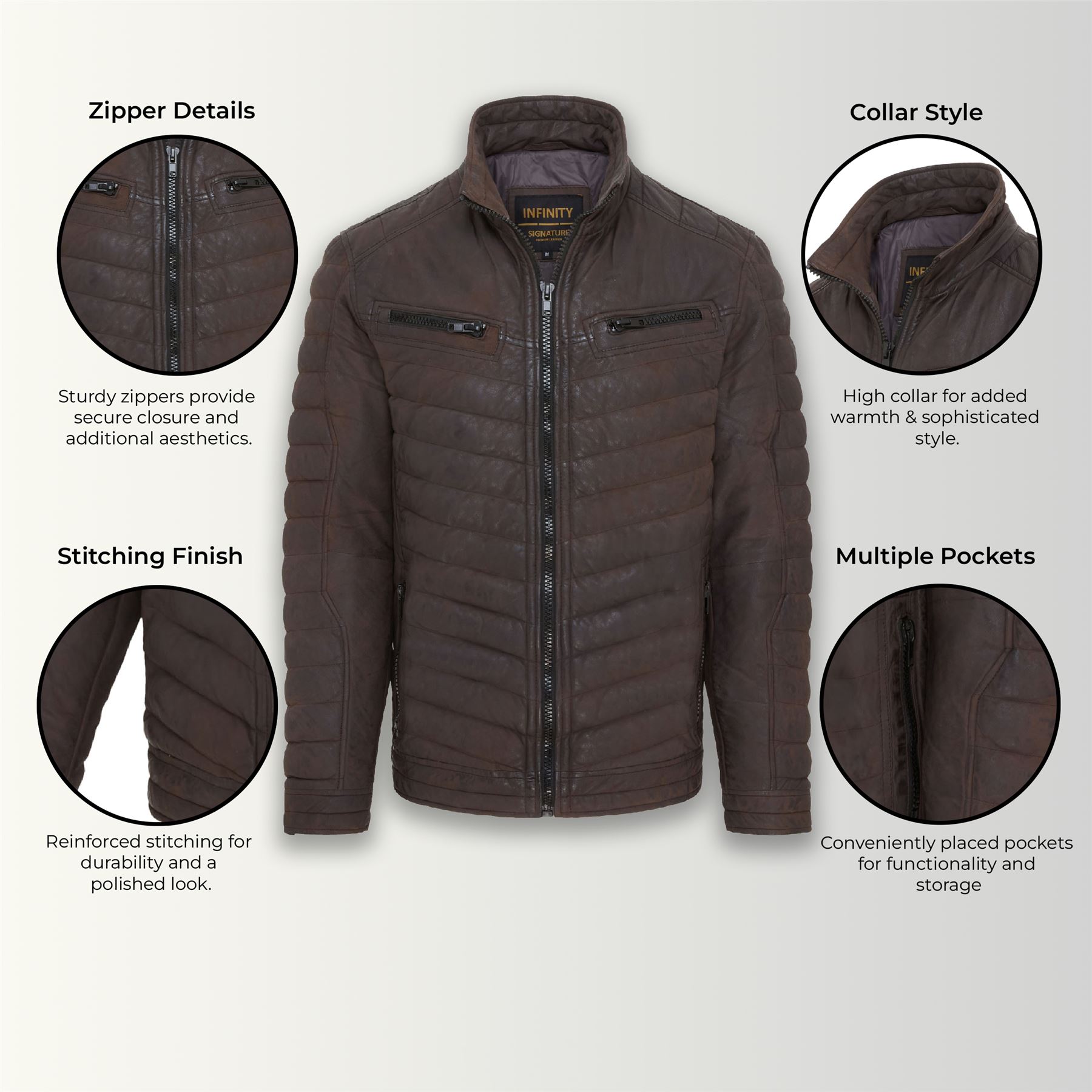 Men's Puffer Leather Biker Jacket Quilted Vintage Warm Bomber Jacket - Picture 15 of 25