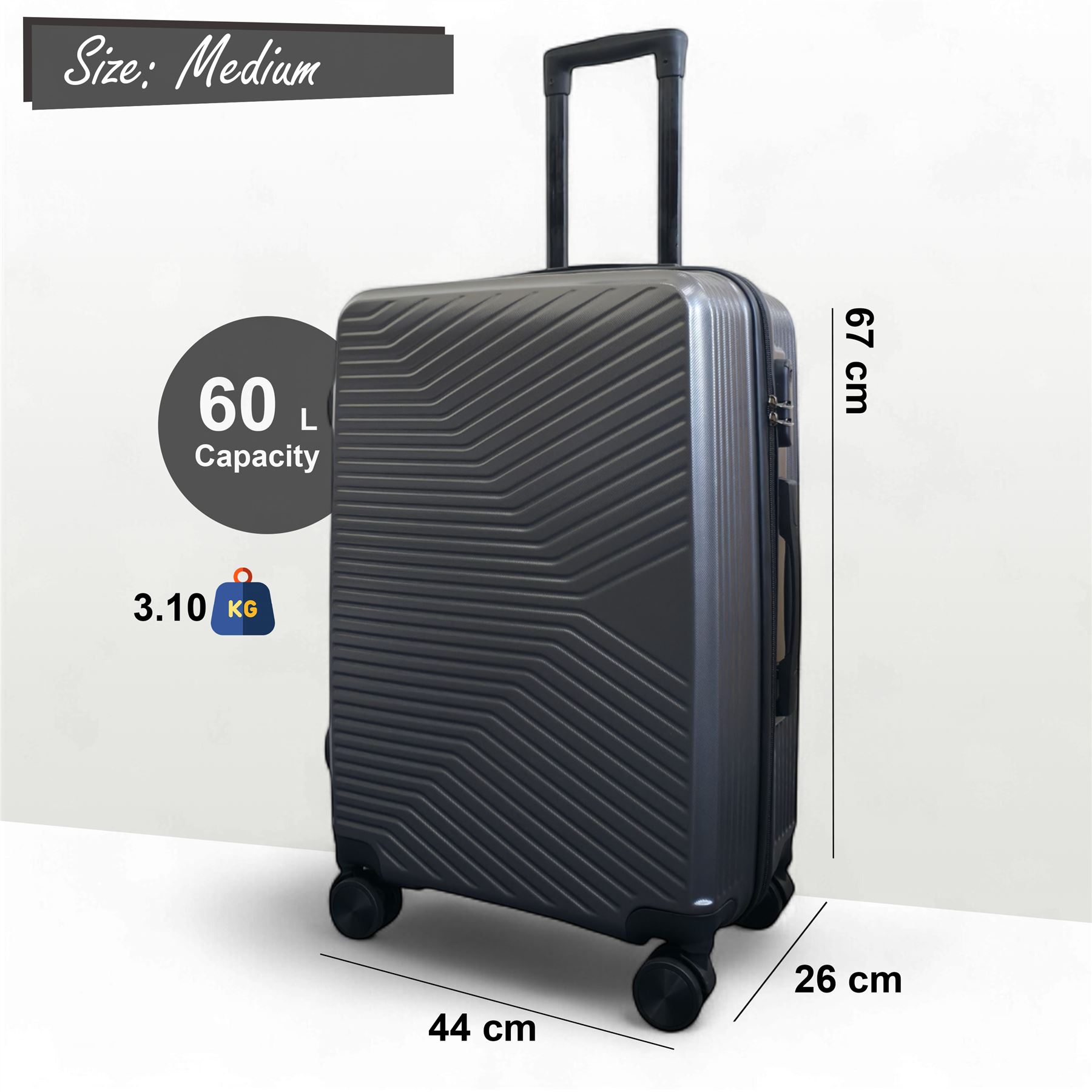 Strong Secure Grey Hardshell Grey Set Dual 4 Wheel ABS Trolley Cabin Suitcase - Picture 20 of 31