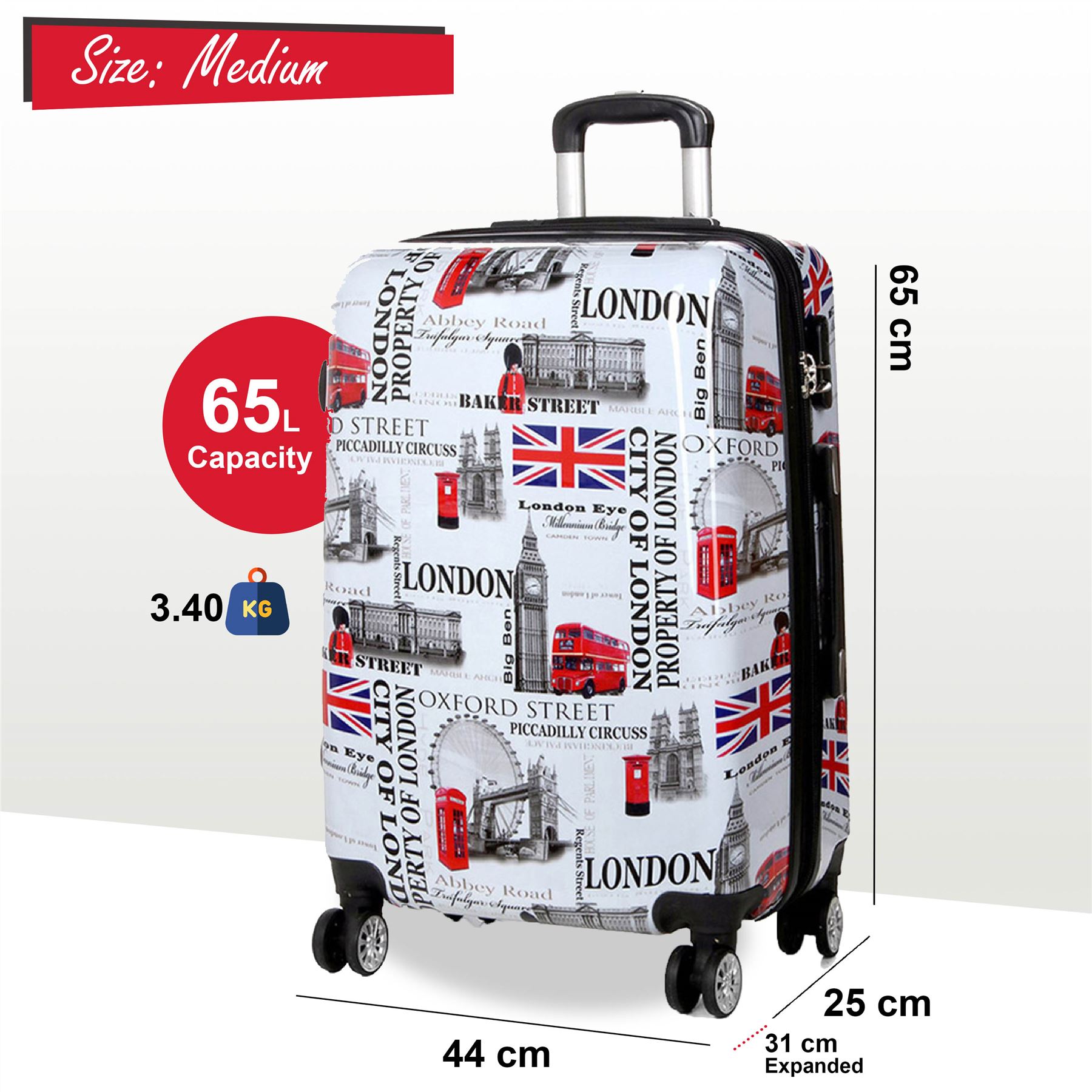Juego de maletas rígidas expandibles fuertes de 8 ruedas con estampado equipaje cabina bolsa de viaje - Imagen 6 de 12