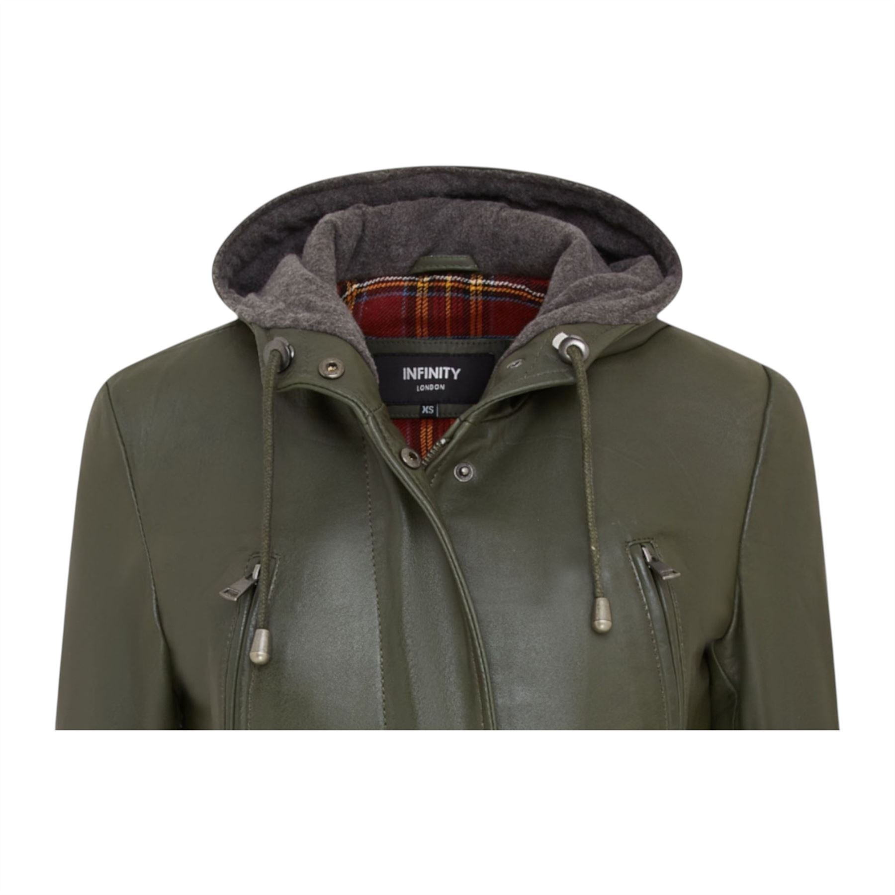 Women's Leather Hooded Parker Jacket Multi-Pocket Trench Coat - Picture 25 of 26
