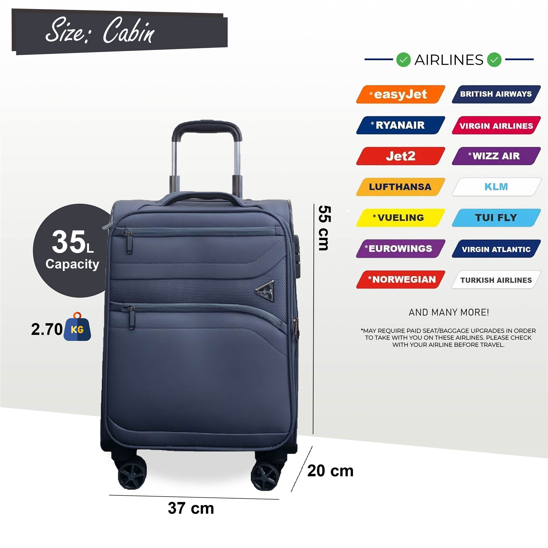 Soft Shell Cabin 55 x 37 x 20 cm Nylon Suitcase Suitable for Easyjet, Ryanair - Picture 3 of 7