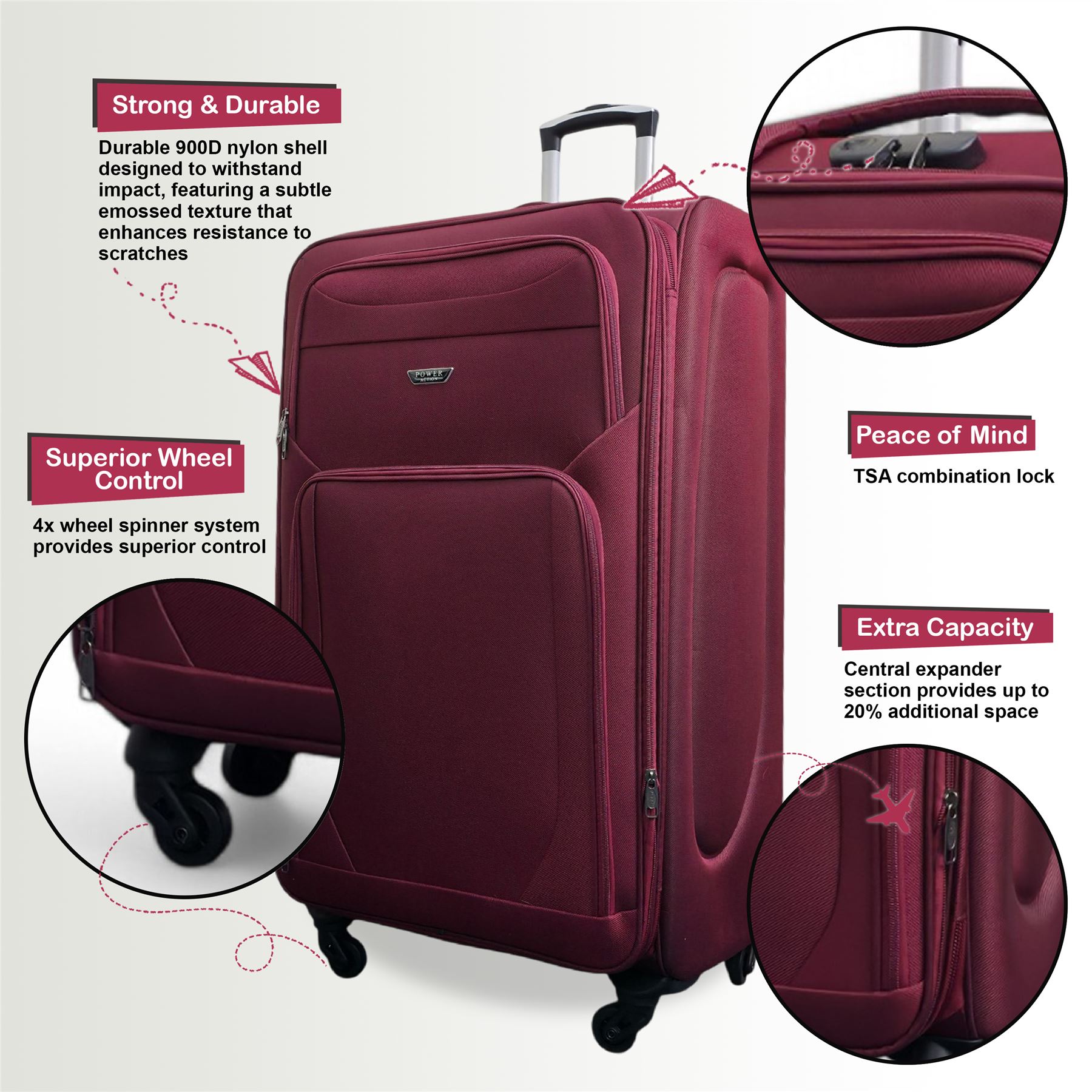 Soft Shell Lightweight Wine Burgundy Nylon Suitcase Set 4 Wheel Travel Case Bags - Picture 10 of 37
