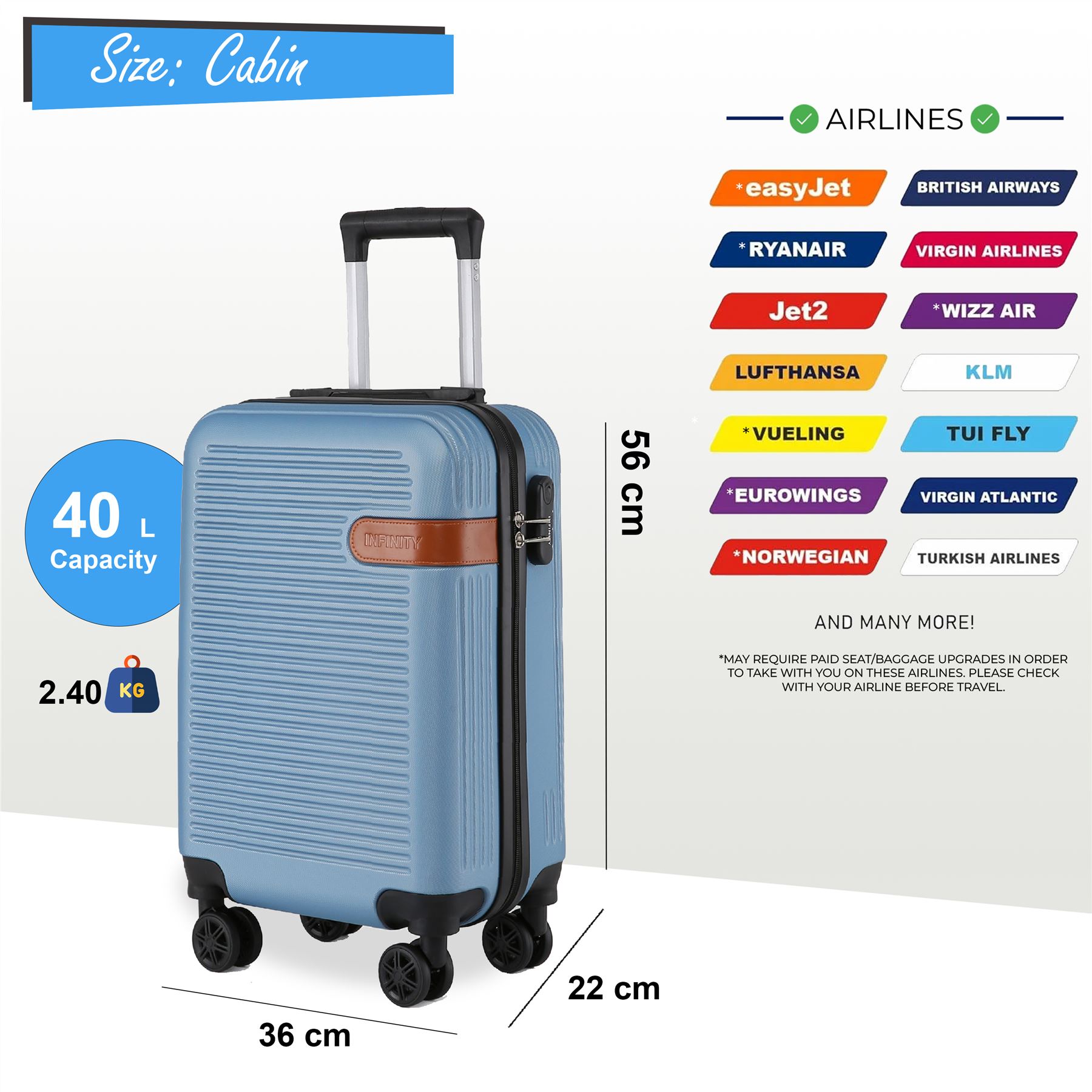 Hardshell Blue Navy Cabin Suitcase Set Robust ABS Lightweight Luggage Bag - Picture 12 of 34