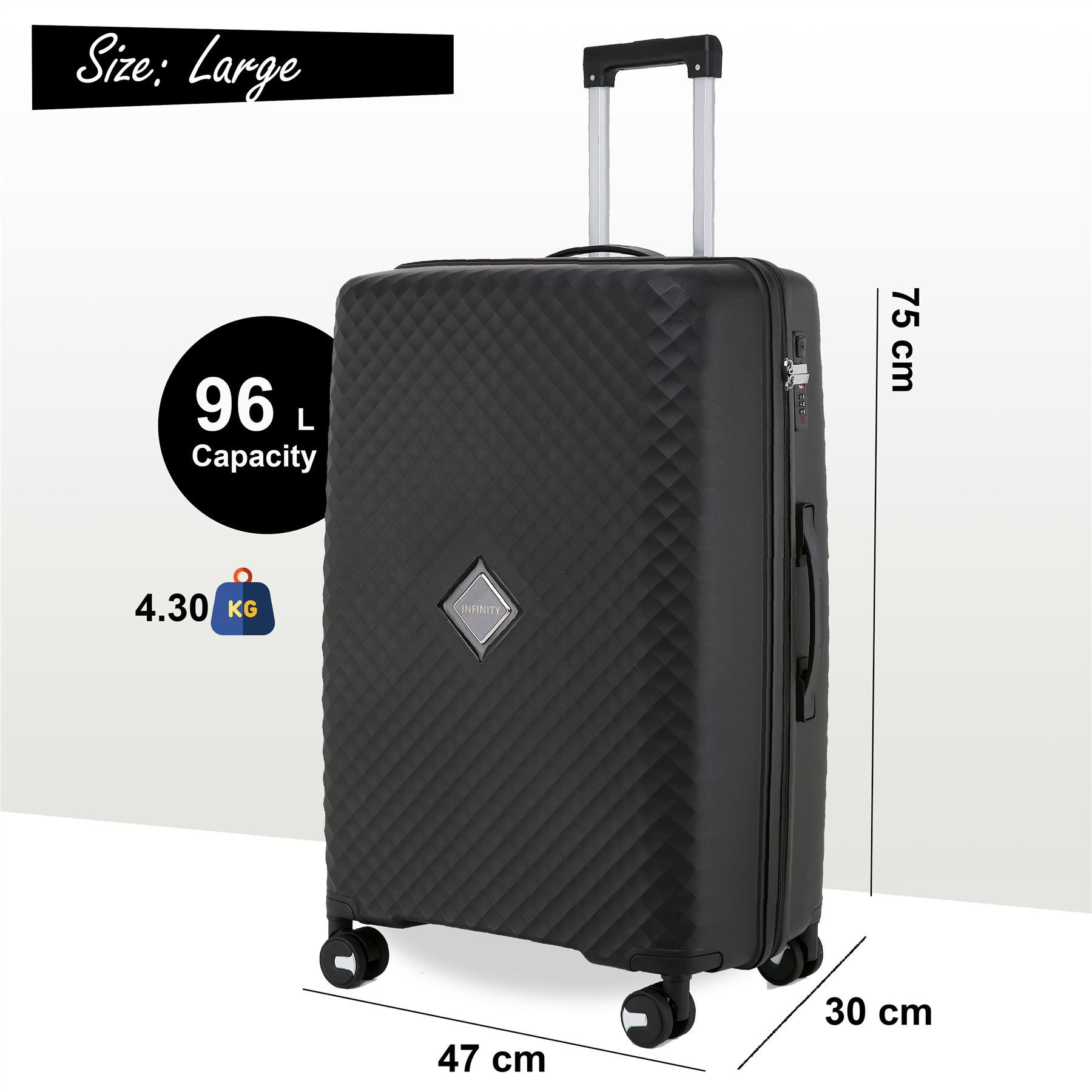 Hard Shell Black Cabin Suitcase Set 8 Wheel Luggage Case Strong Travel TSA Bag - Picture 3 of 32