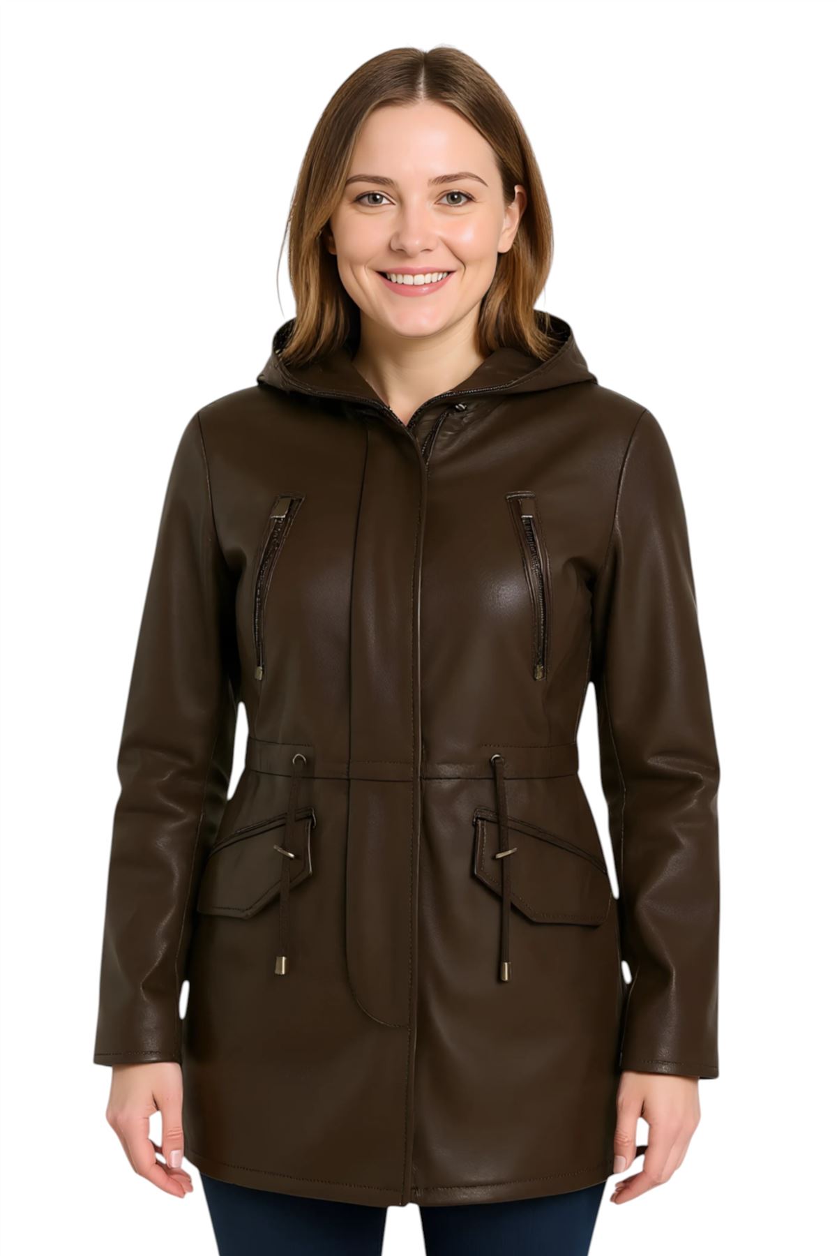 Women's Leather Hooded Parker Jacket Multi-Pocket Trench Coat - Picture 18 of 26