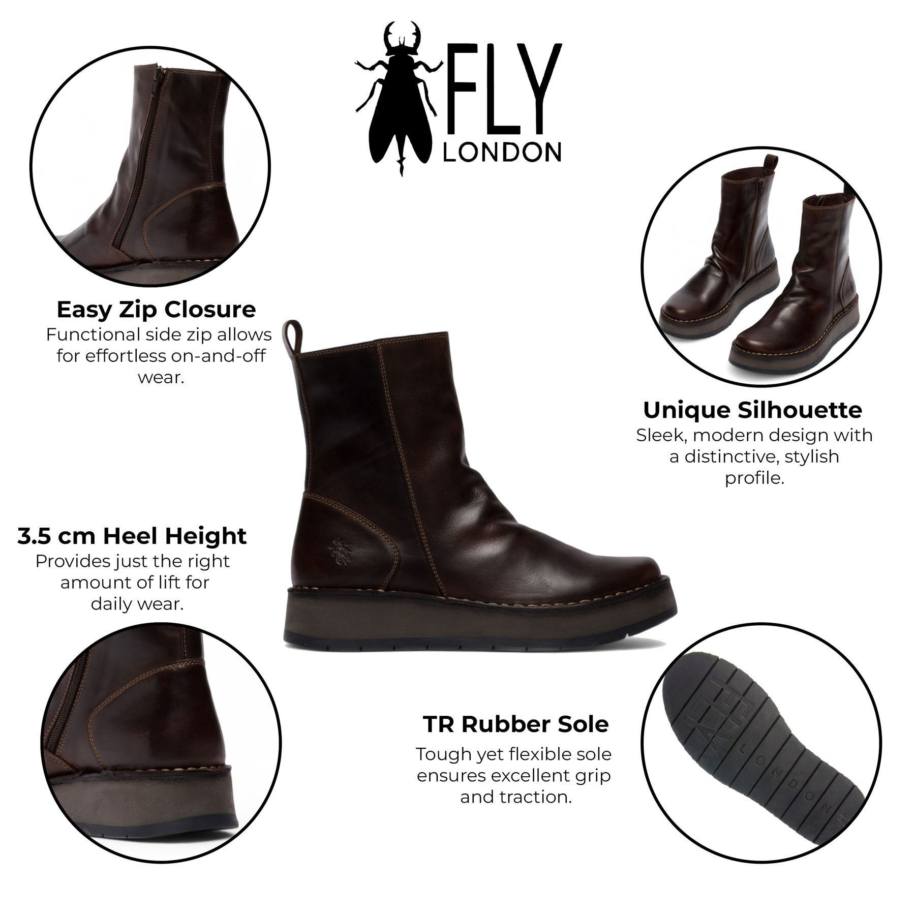 Fly London Mujer RENO053FLY Cuero Tobillo Cremallera Zapatos Cómodos - Imagen 8 de 11