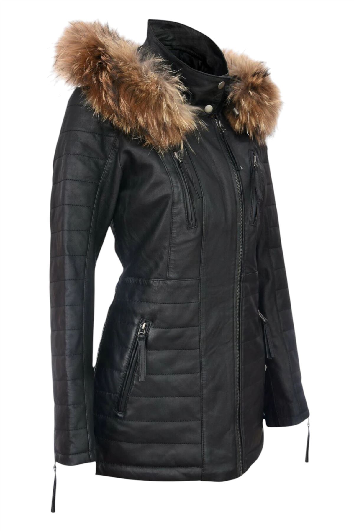 Womens Quilted Leather Parka Jacket-Winton - Picture 11 of 31
