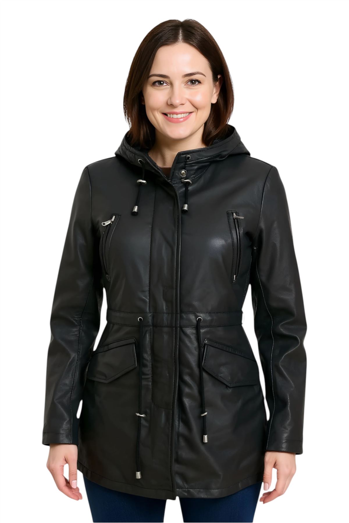 Women's Leather Hooded Parker Jacket Multi-Pocket Trench Coat - Picture 6 of 26
