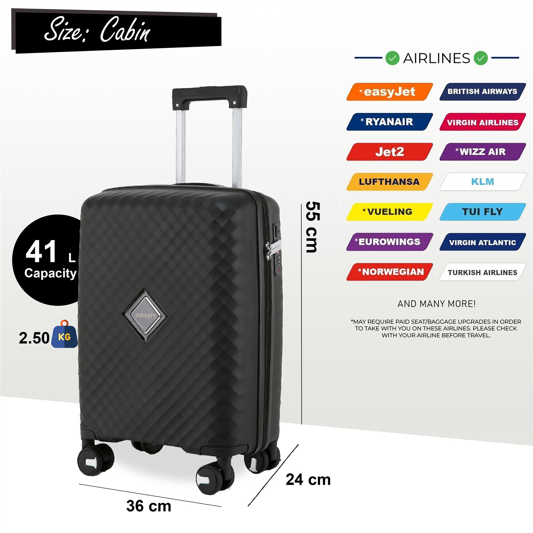 Hard Shell Black Cabin Suitcase Set 8 Wheel Luggage Case Strong Travel TSA Bag - Picture 11 of 32
