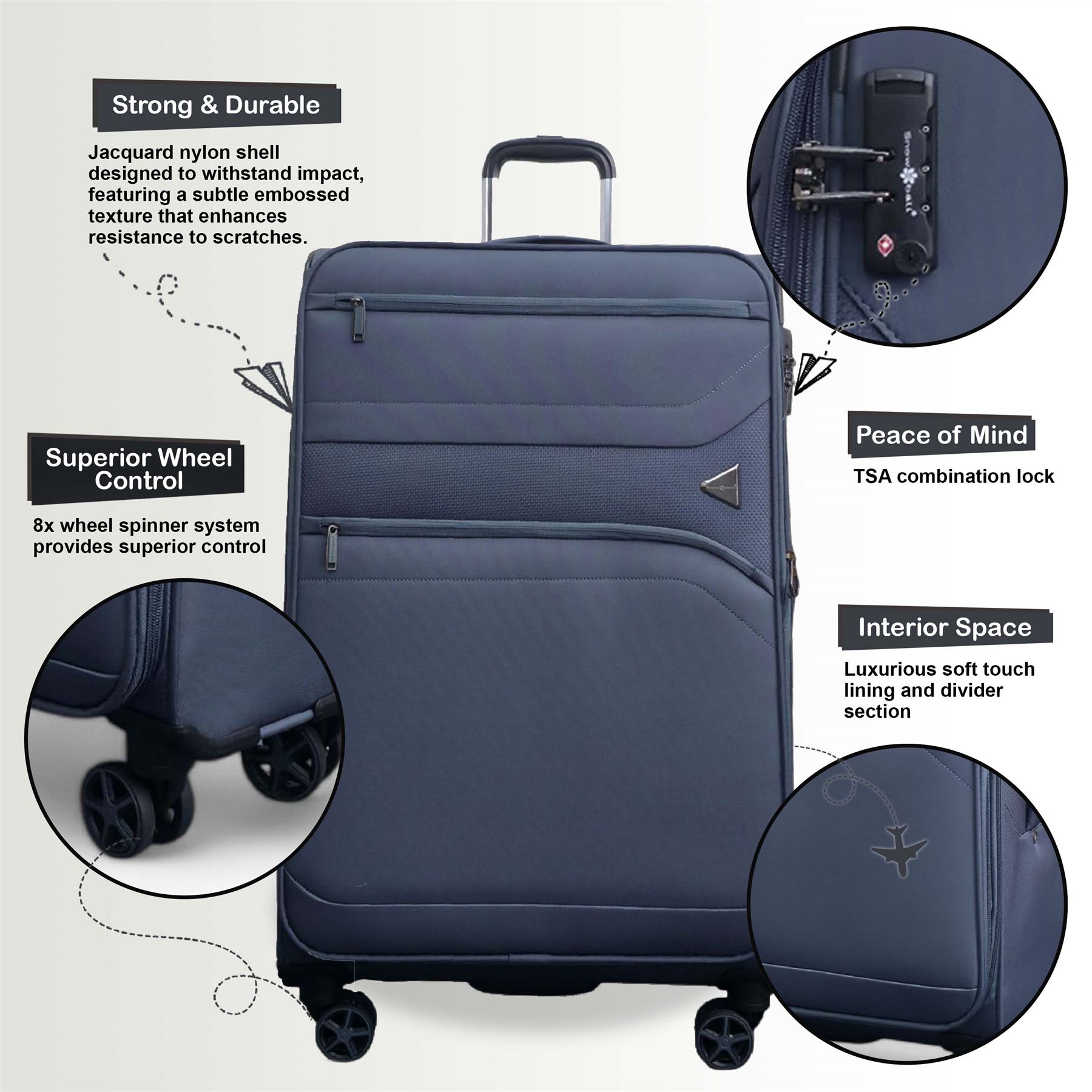 Lightweight Grey Soft Shell Suitcase 8 Wheel Set Travel Carry On Cabin Bag - Picture 20 of 29